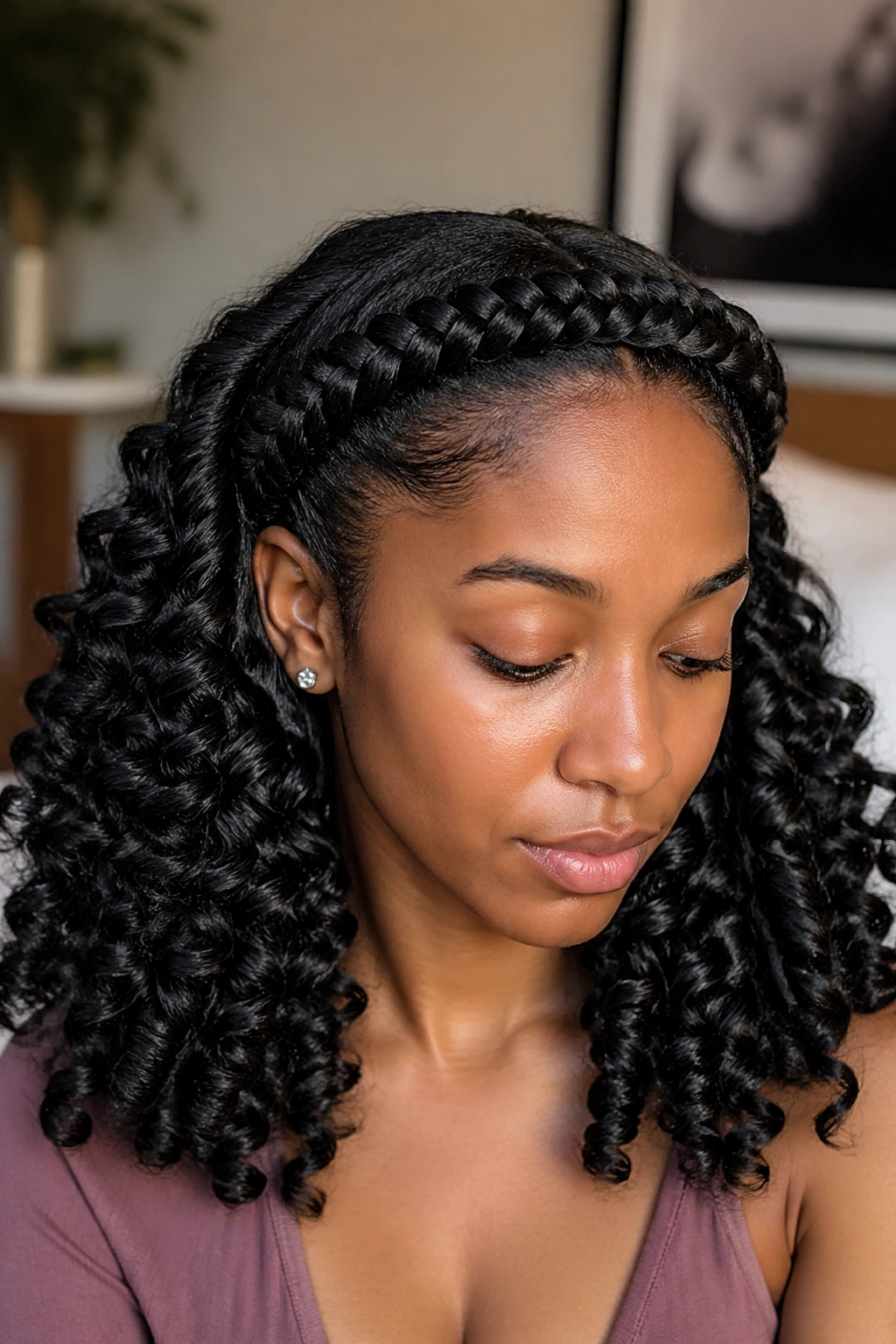 Close-up of a real person with a crown braid and sock curls around the head