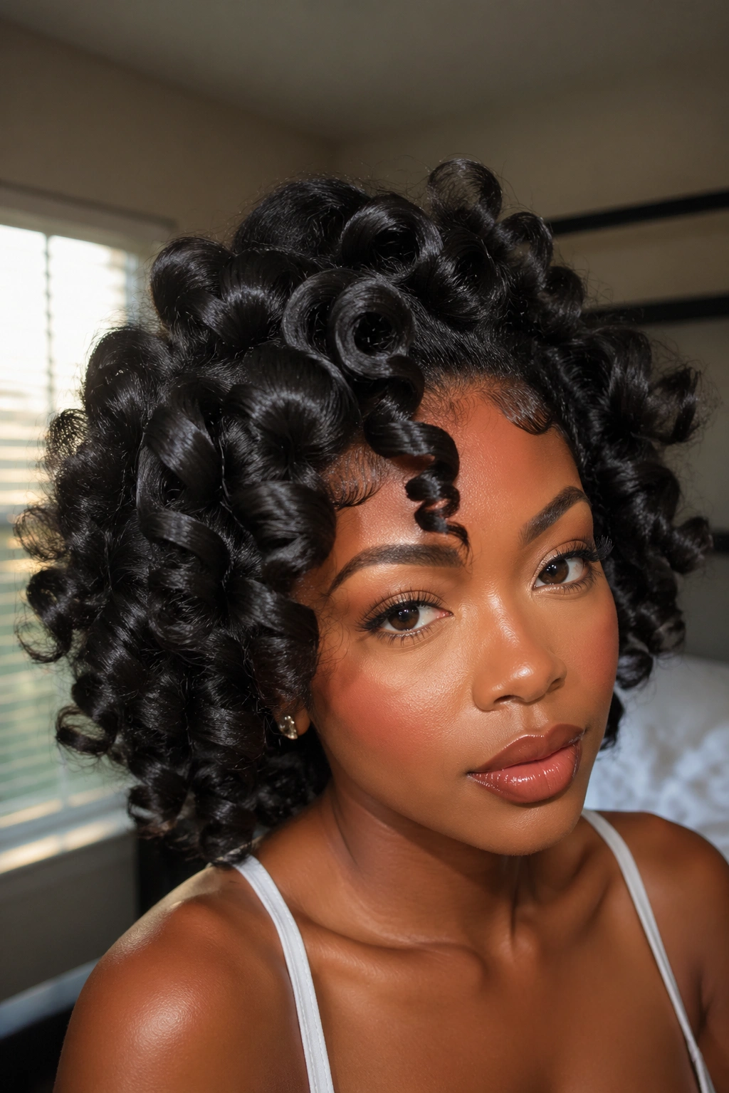 Close-up portrait of a real woman with sock curls and defined edges along the hairline in warm bedroom light