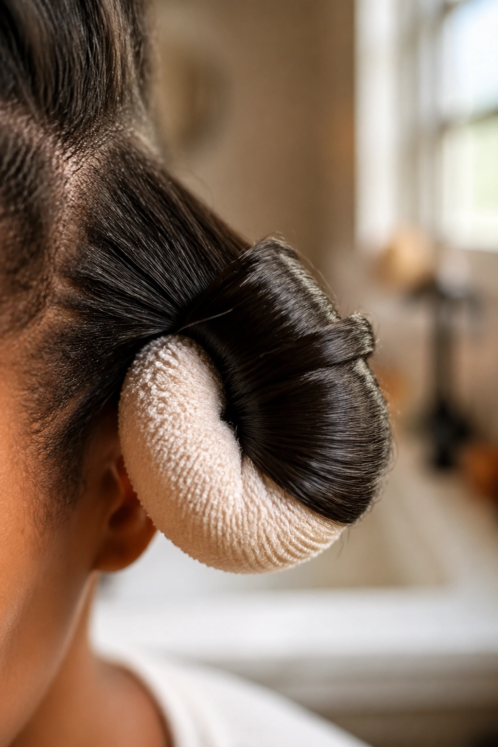 Close-up of hair wrapped around a fabric sock roller showing texture and grip