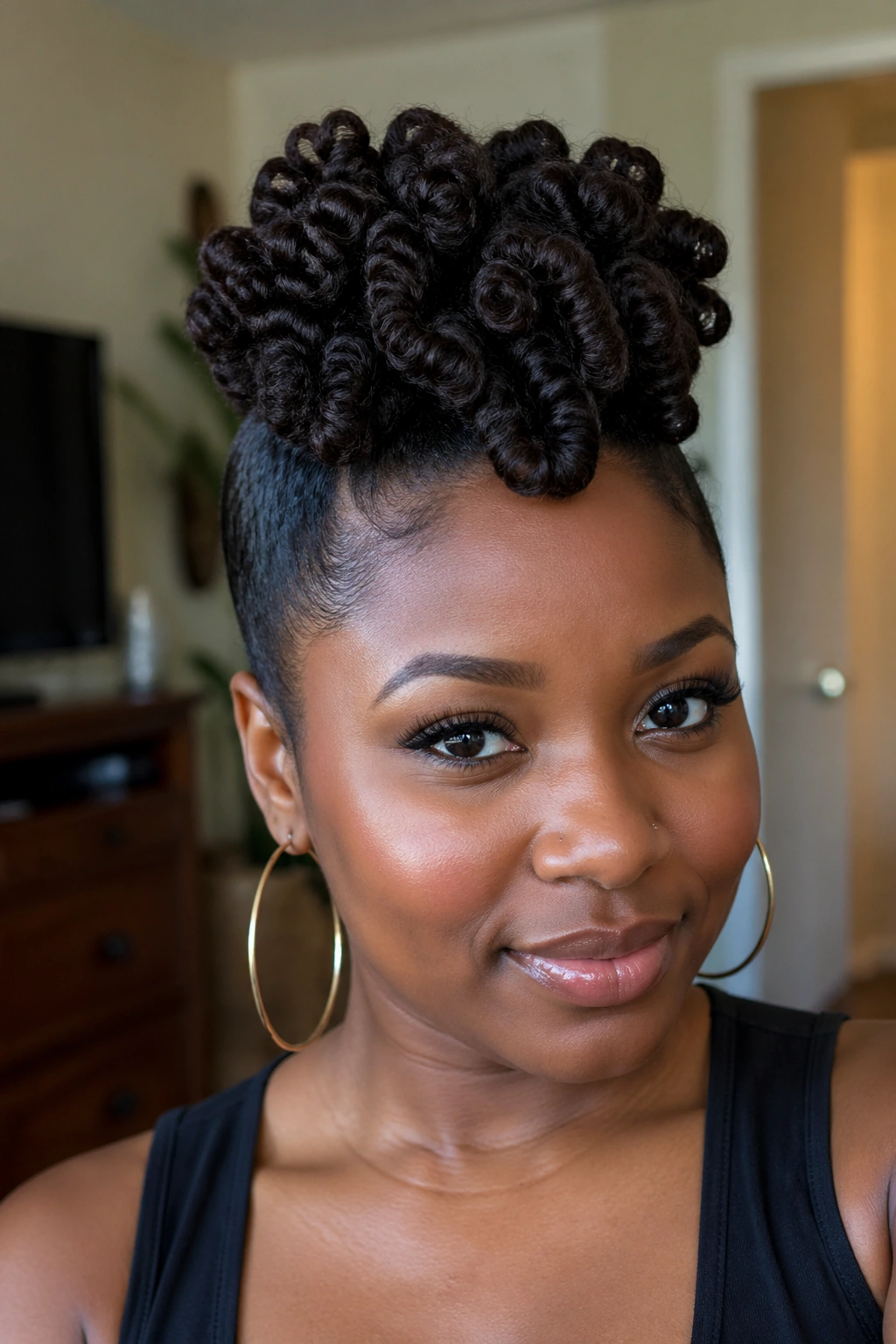 Close-up of a real person with a center frohawk made from sock curls, sides slicked
