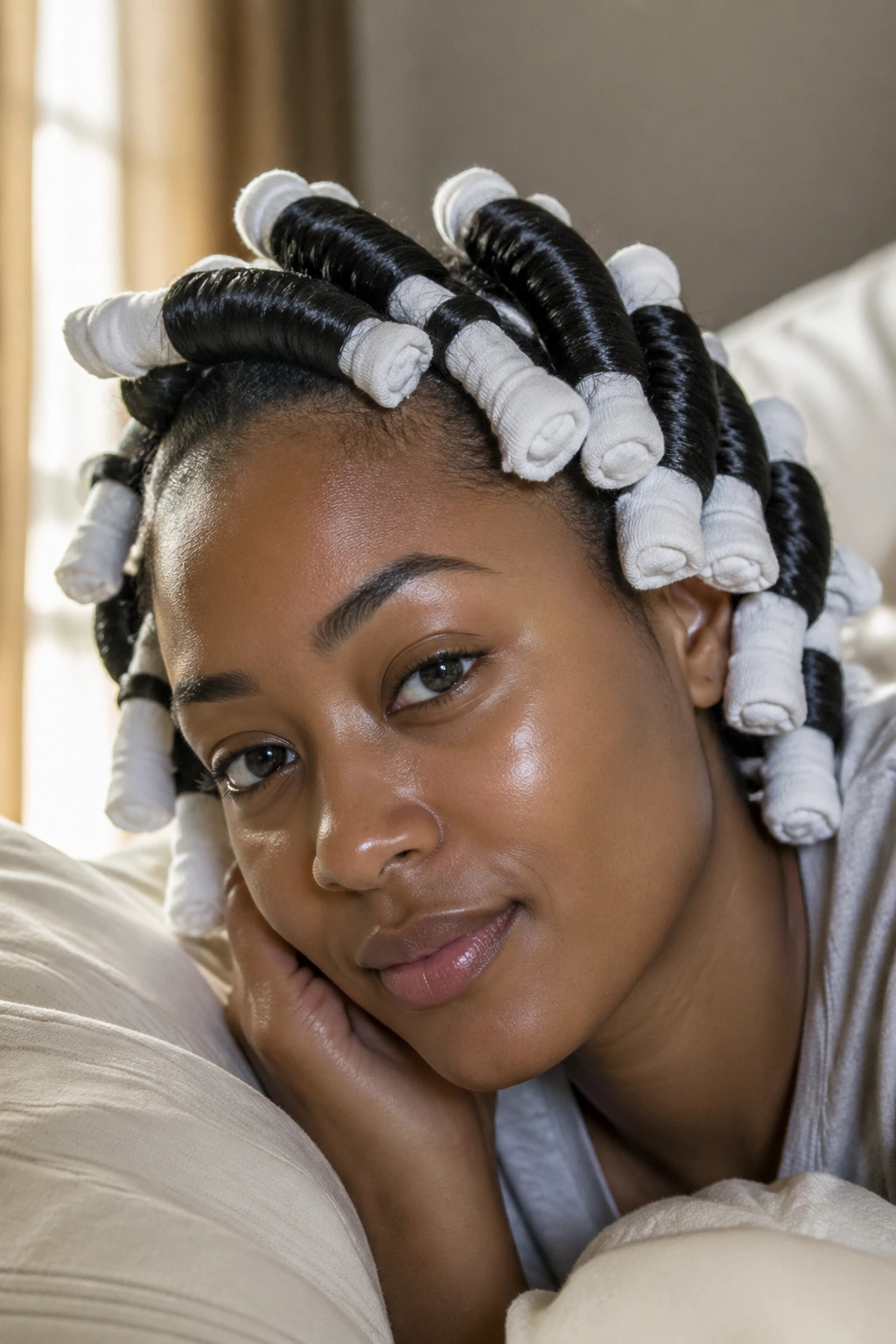 Close-up of a real woman with classic overnight sock curls in a cozy bedroom