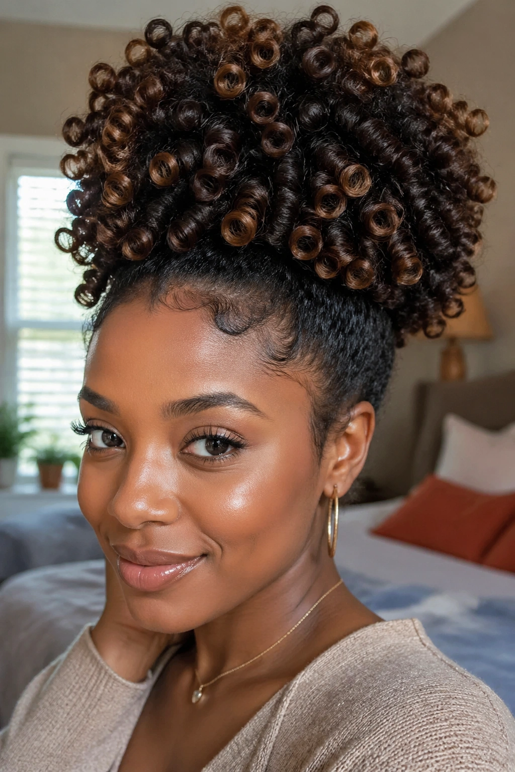 Close-up of a real woman with a voluminous high puff formed by sock curls in a cozy bedroom