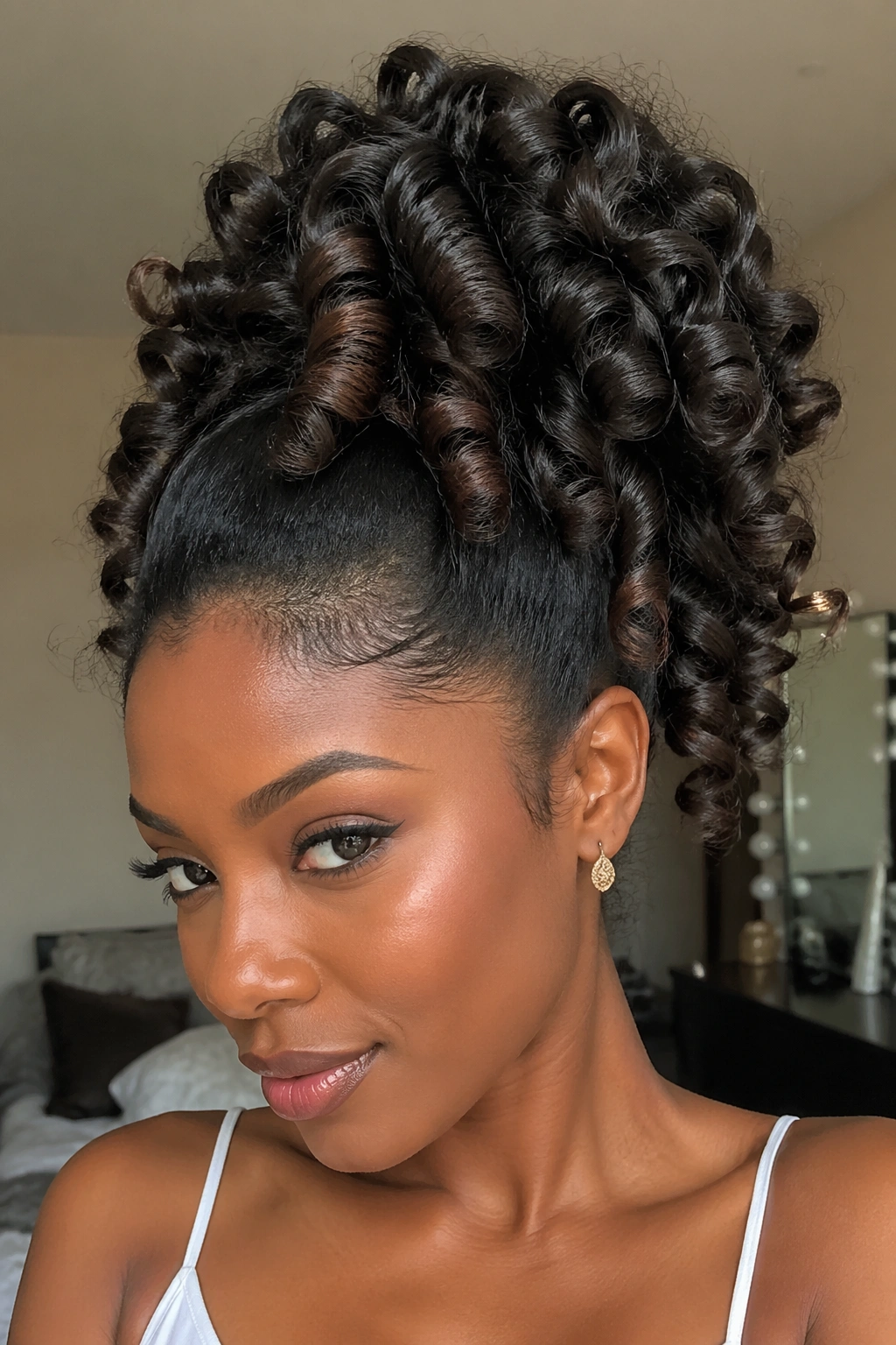 Close-up of a real woman with a full-bodied sock curl ponytail