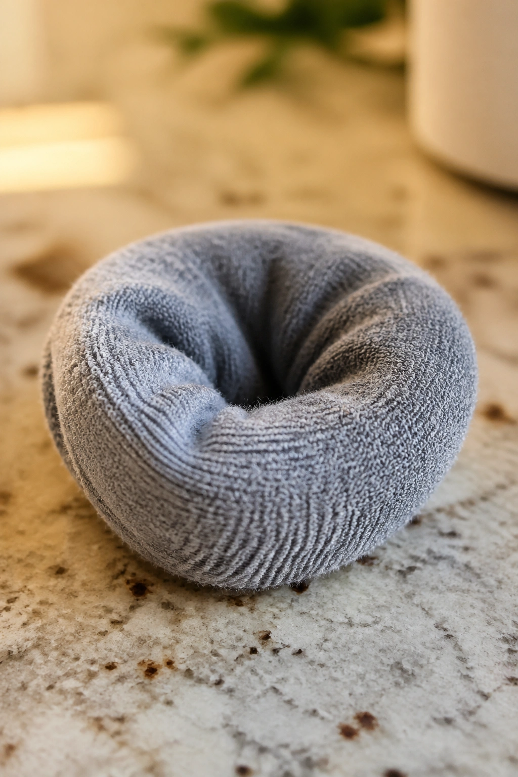 Close-up of a sock roller made from a cut sock on a countertop