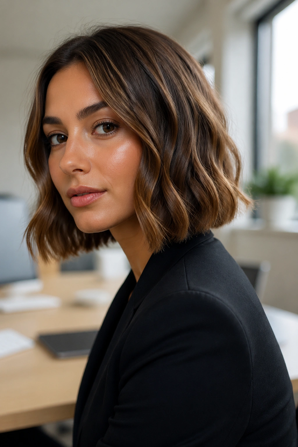 Portrait of a person with soft blunt bob waves in an office.