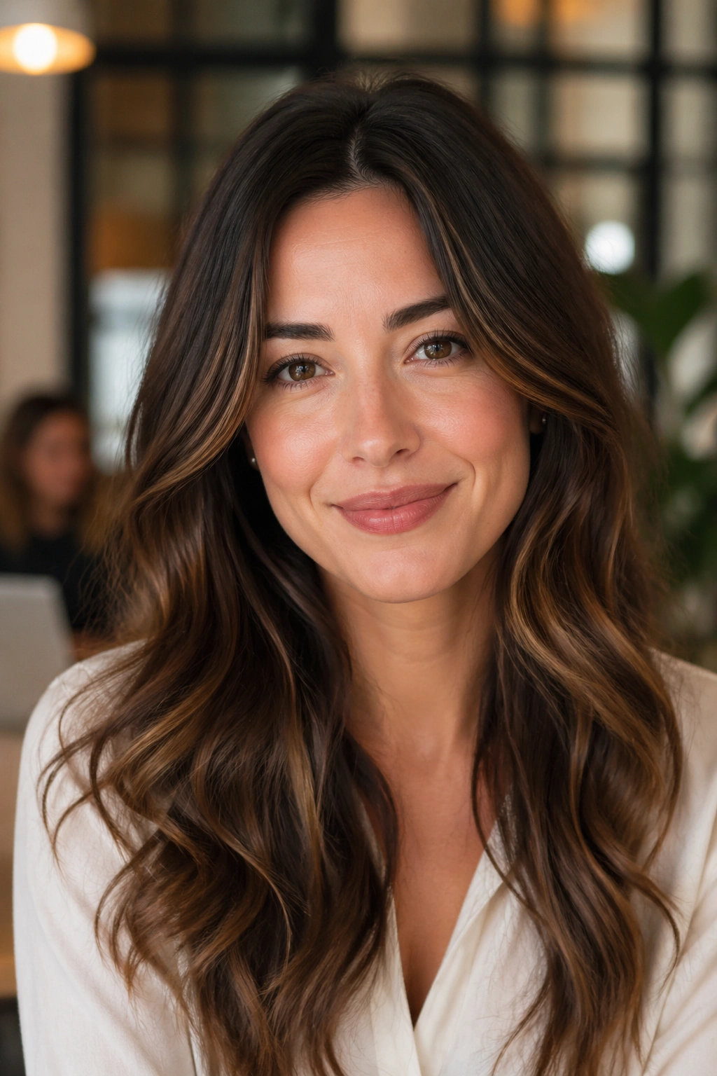 Close-up of real woman with soft brush-out waves in an office setting