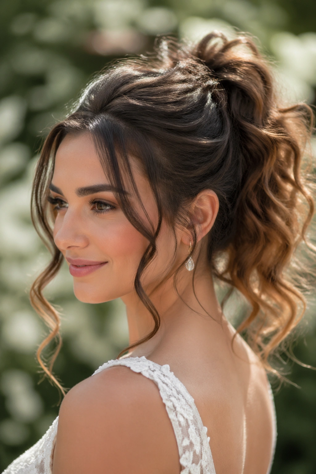 Close-up of a real woman with soft curly high ponytail and face-framing pieces