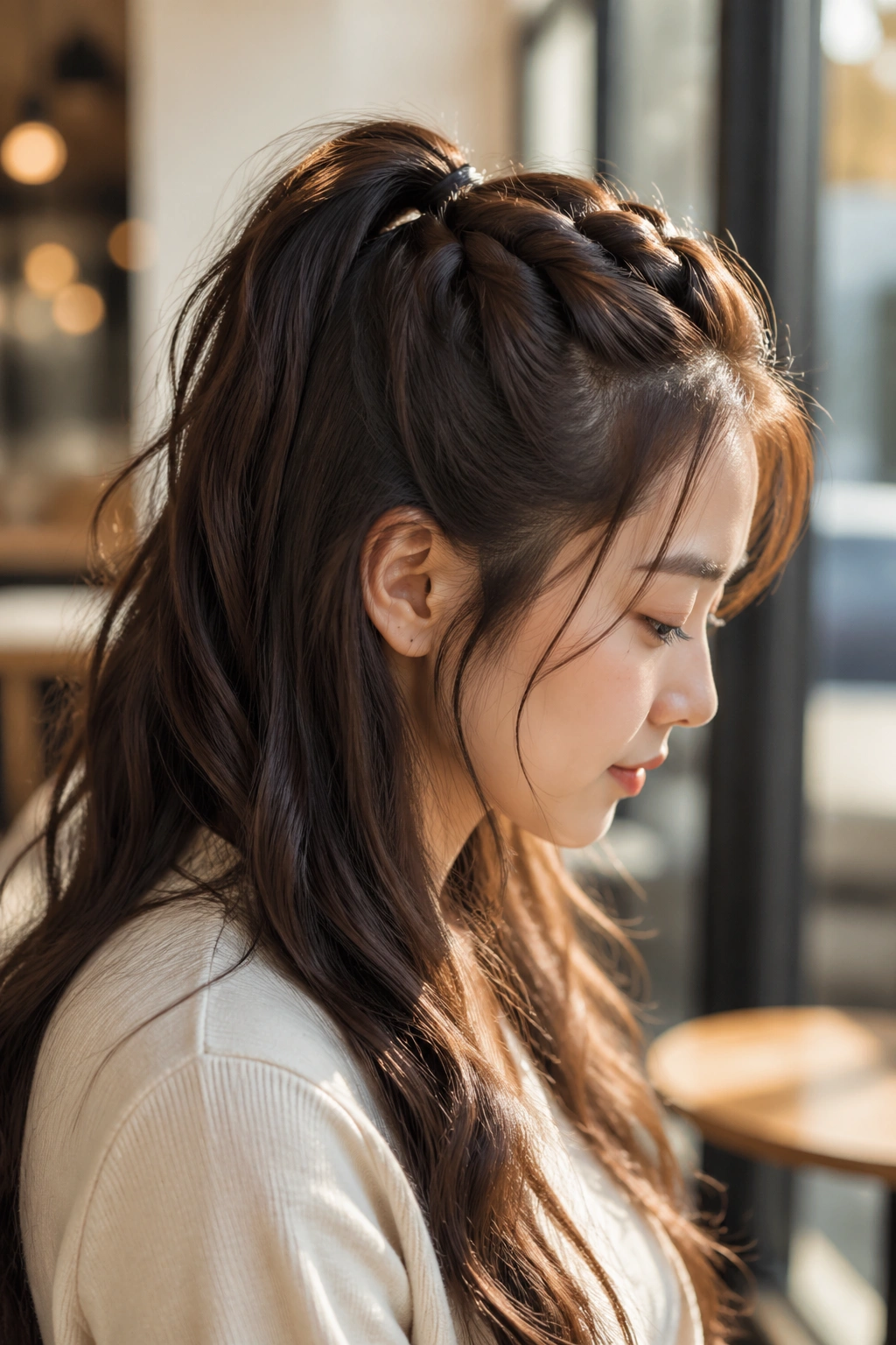 Close-up of a real woman with a soft Dutch-braid half ponytail