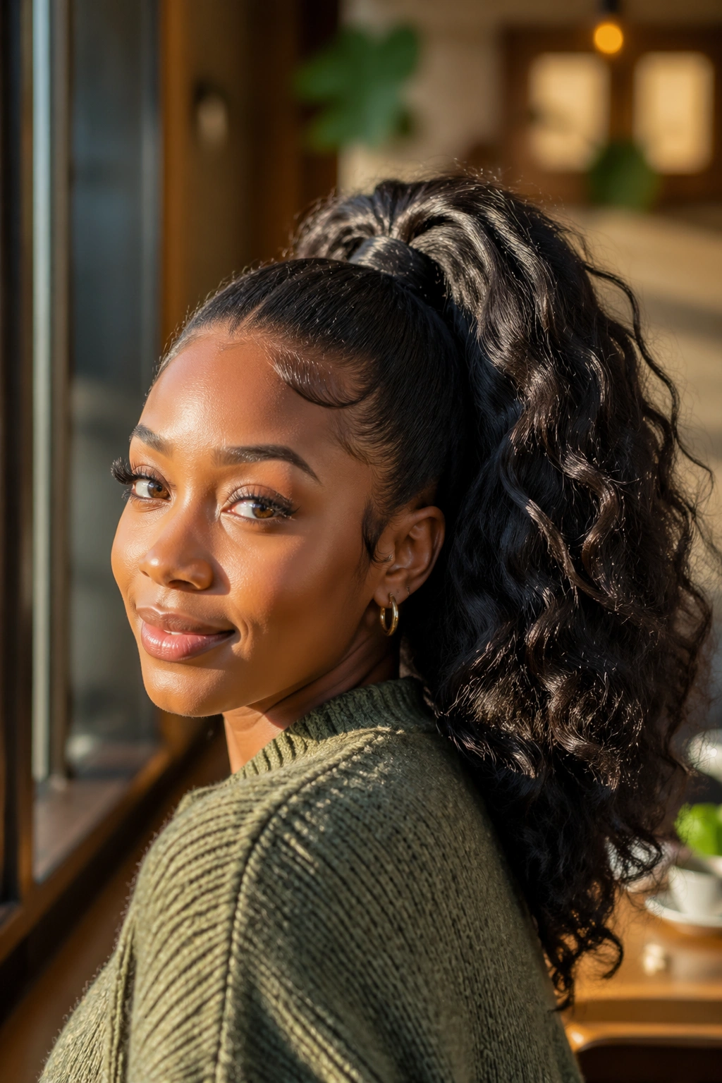 Close-up portrait of a Black woman with a soft, full high ponytail and voluminous waves