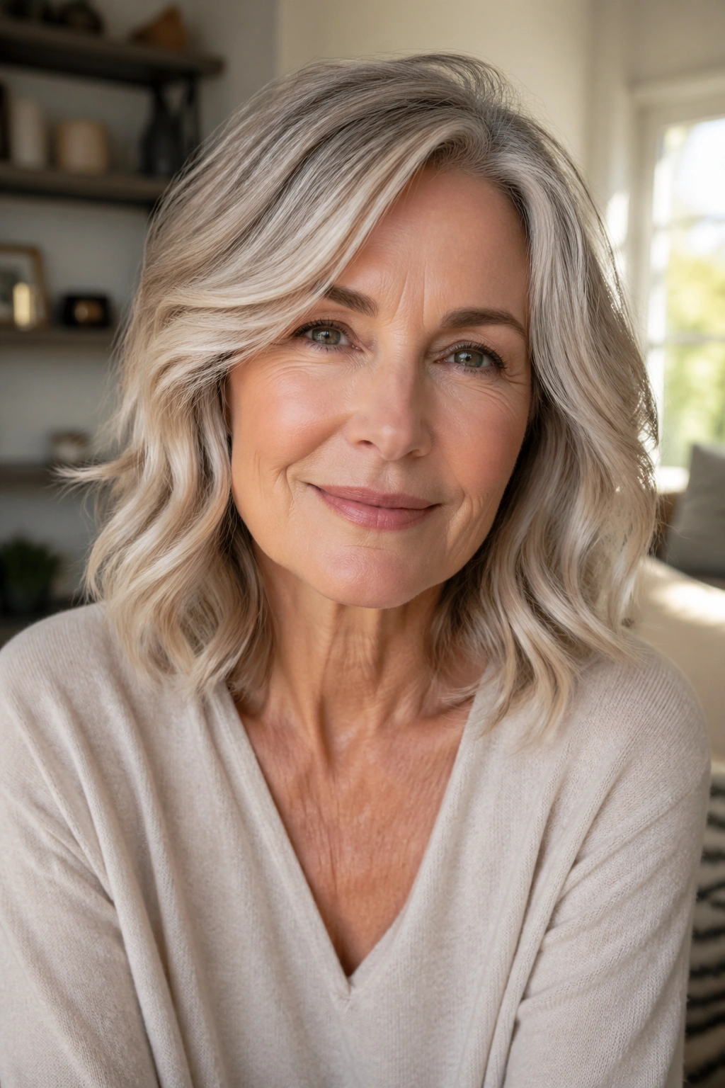 Close-up of a real woman with a soft layered lob and side part in warm window light