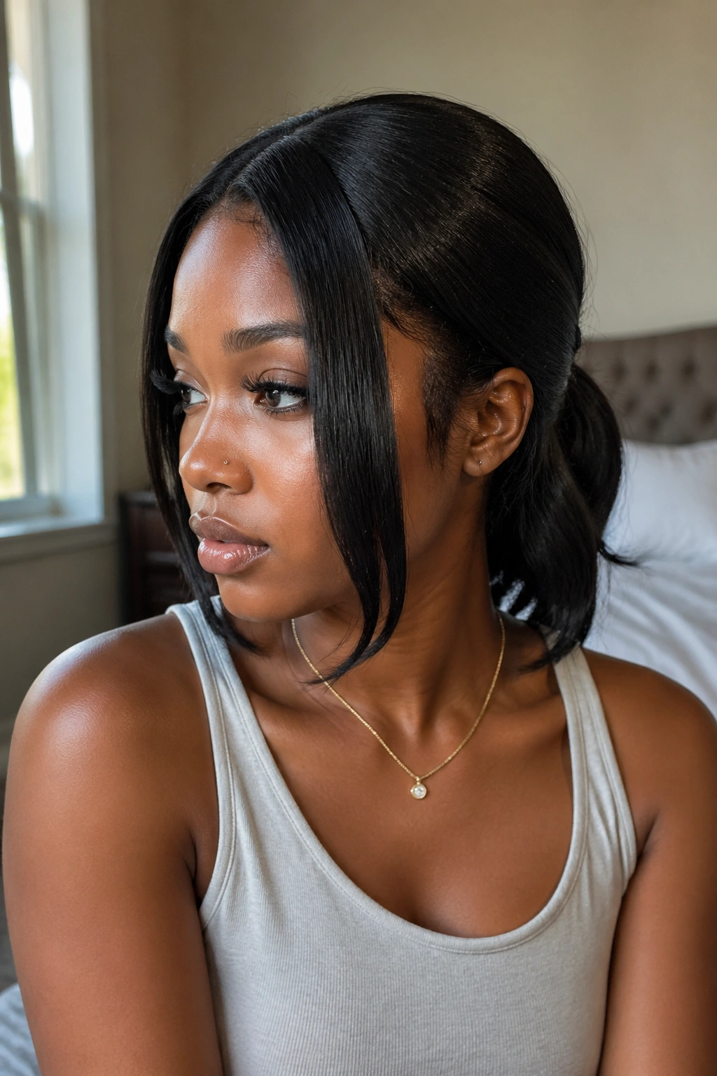Close-up portrait of a real woman with a soft low half pony and face-framing pieces on a bob hairstyle.