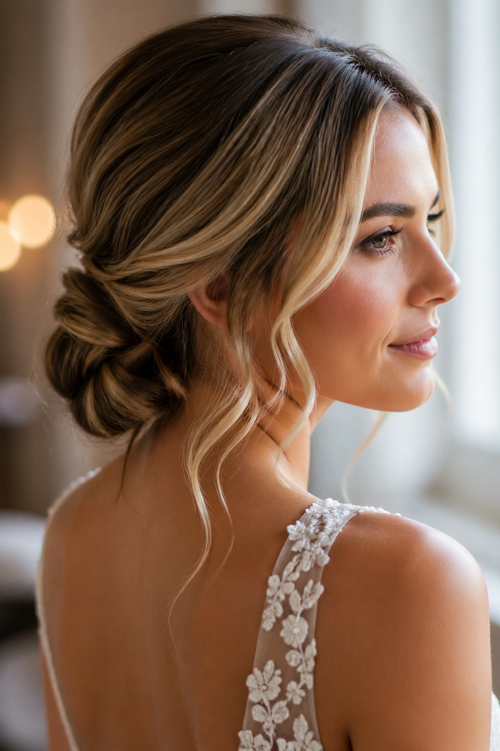 Close-up of real bride with soft low knot at nape and face-framing waves in warm window light