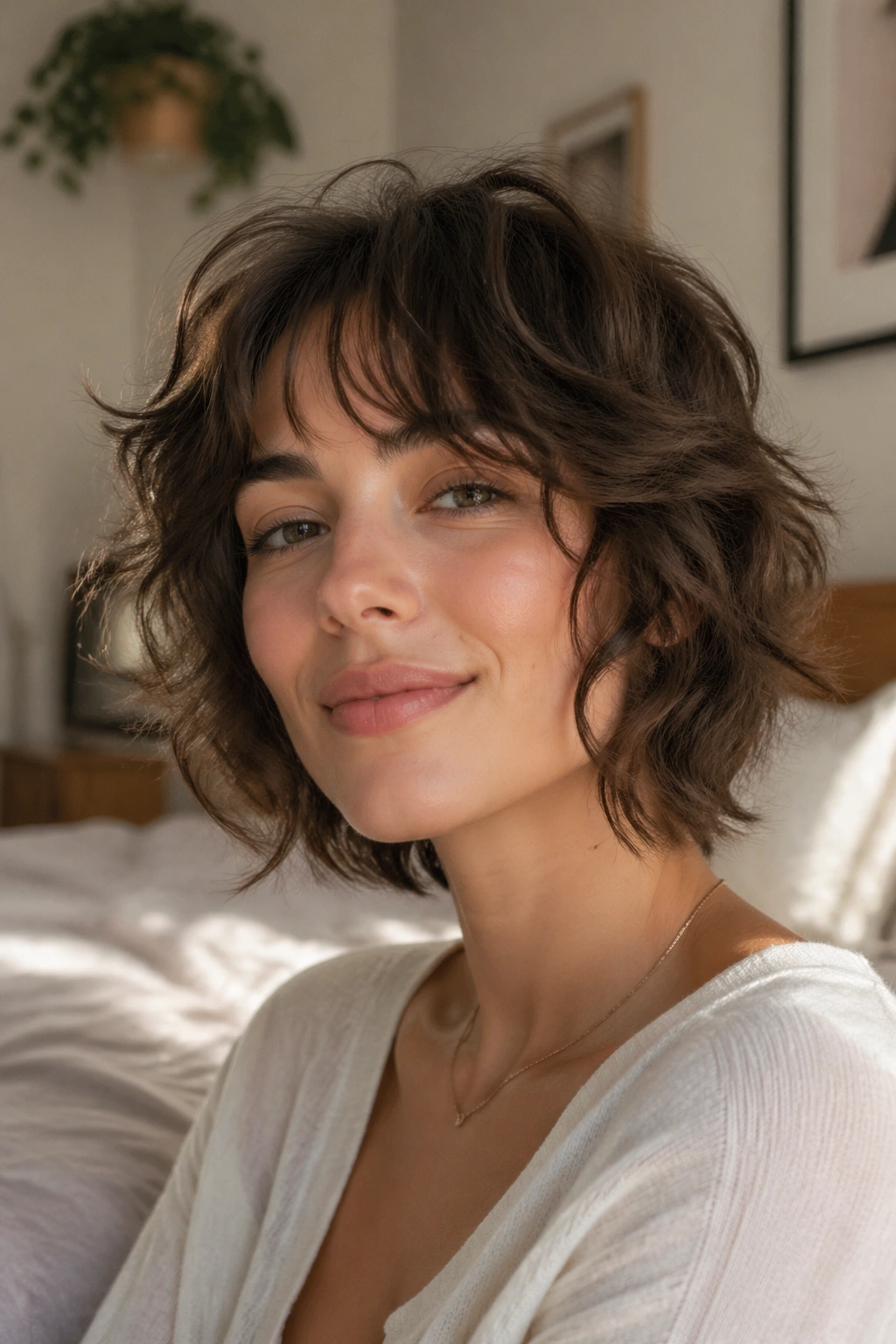Close-up portrait of a woman with soft romantic short shag and sweeping face-framing pieces