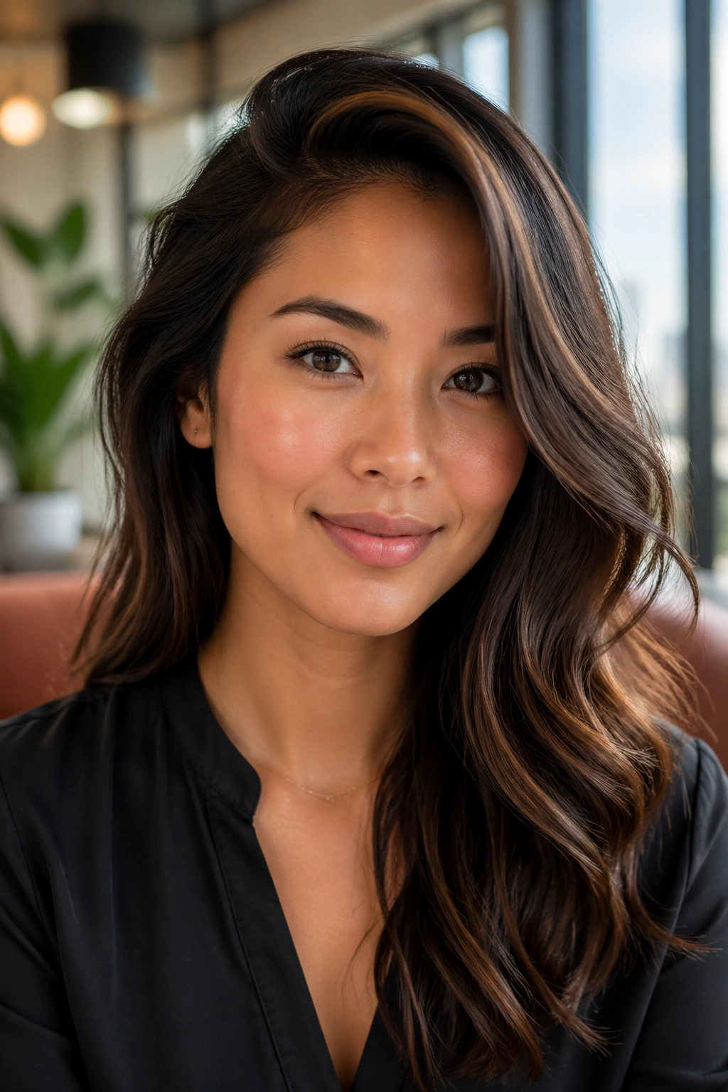 Close-up of real woman with soft side-part sweep in a stylish office