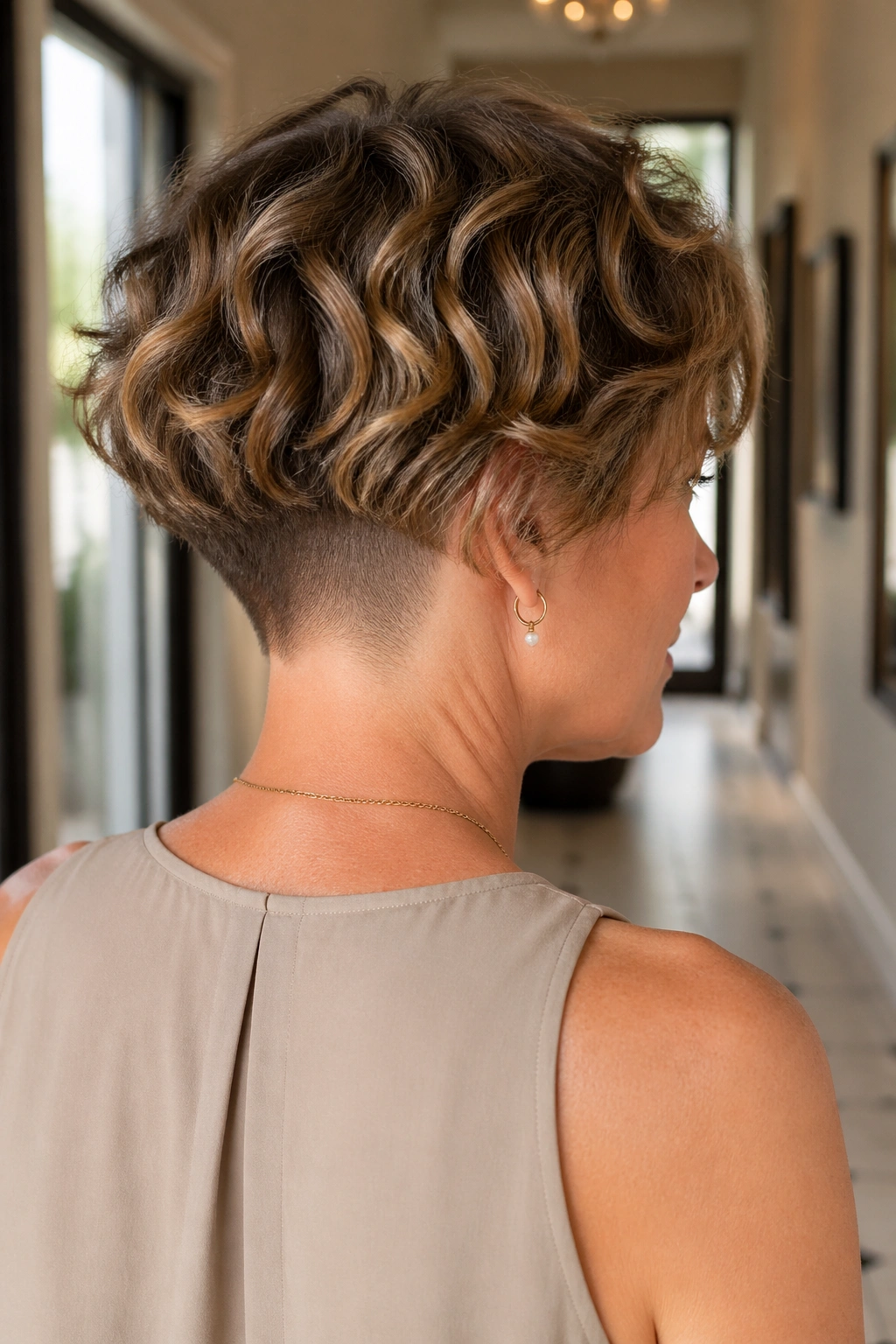 Rear three-quarter view of a real woman with a soft undercut bob and wavy top