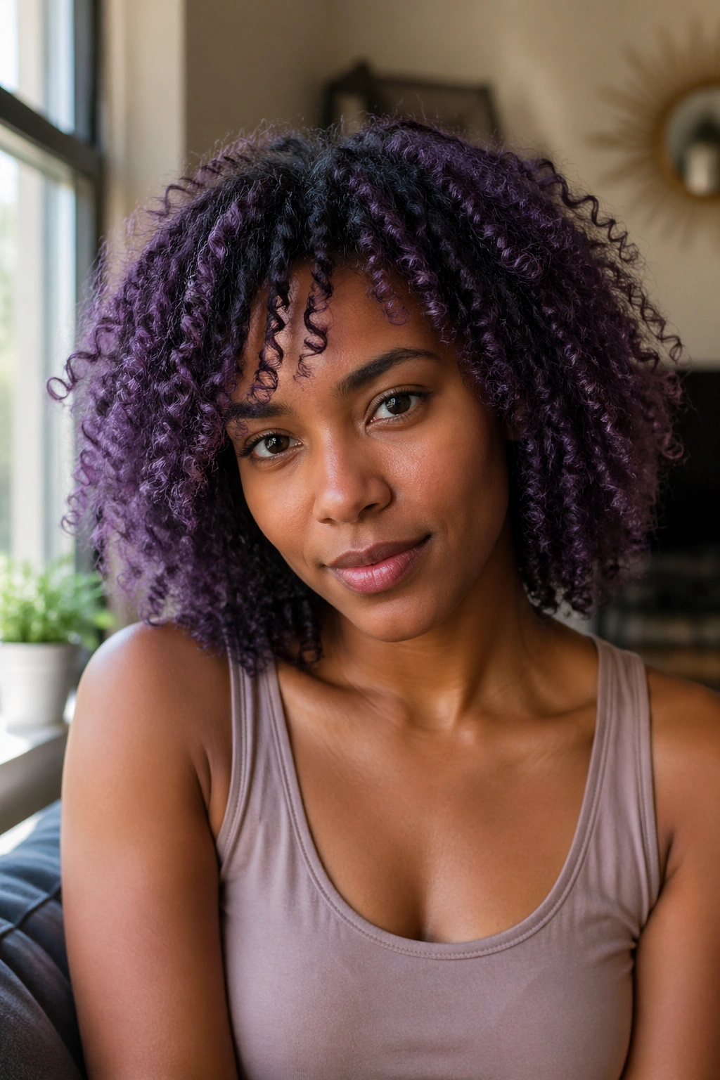 Close-up of natural curls with soft violet wash all over.