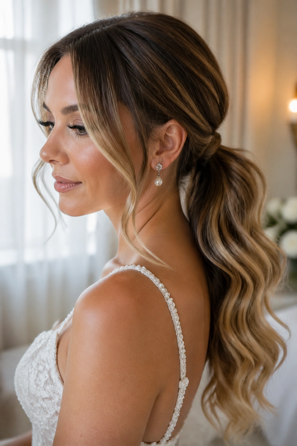 Close up of a real bride with Soft Wave Ponytail and Face-Framing Strands showing loose waves and facial framing
