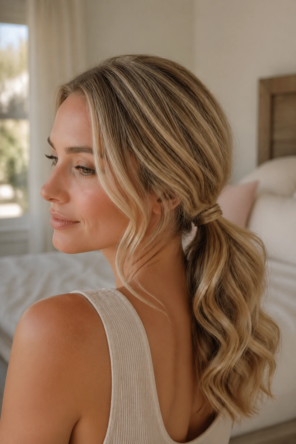 Close-up portrait of a real woman with a soft wavy blonde low ponytail at the nape.