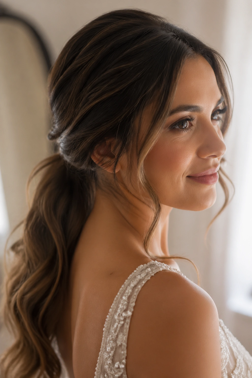 Close-up of a real bride with a soft low wavy ponytail and face-framing pieces at the nape.