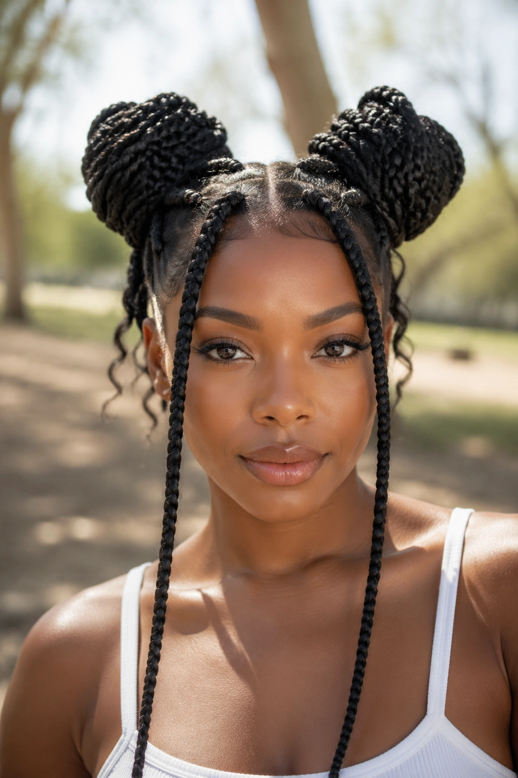 Real woman with double space buns made from box braids.