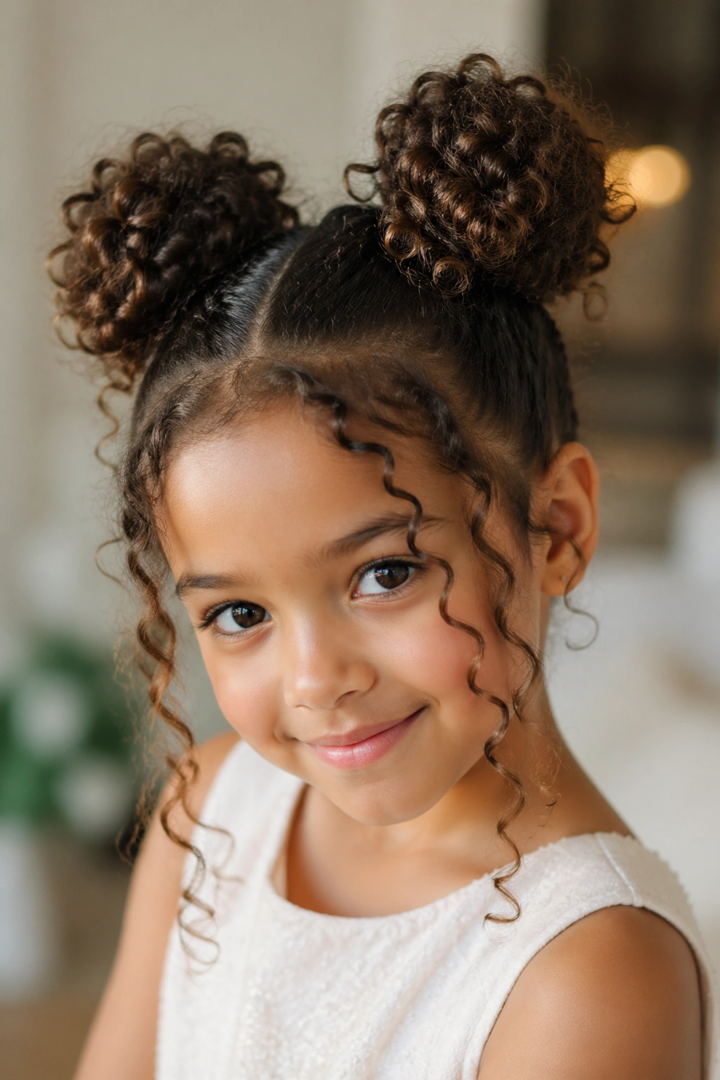 Child with curly space buns and loose front curls, portrait view