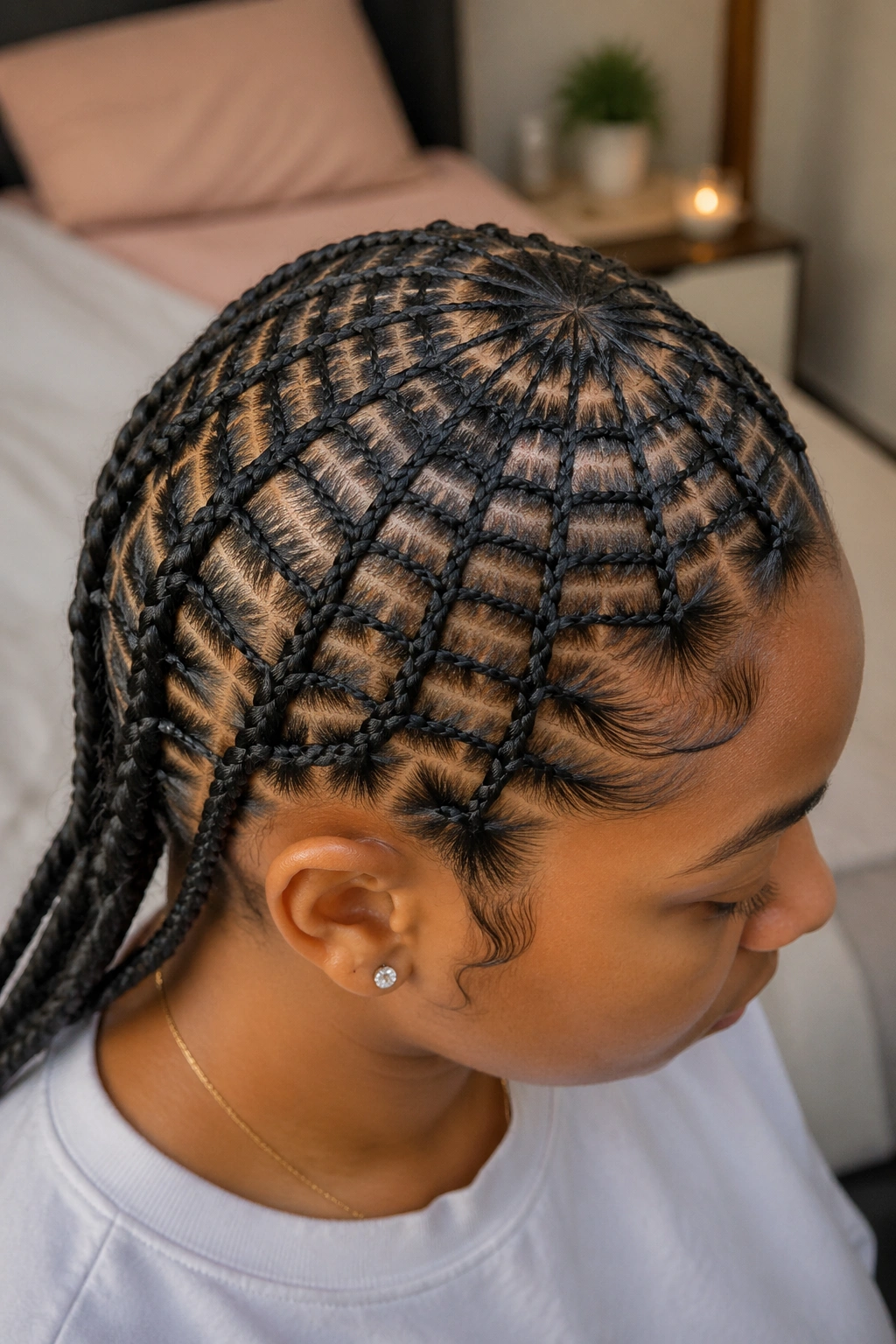 Close-up of a real person showing a spider-web cornrow pattern on the crown