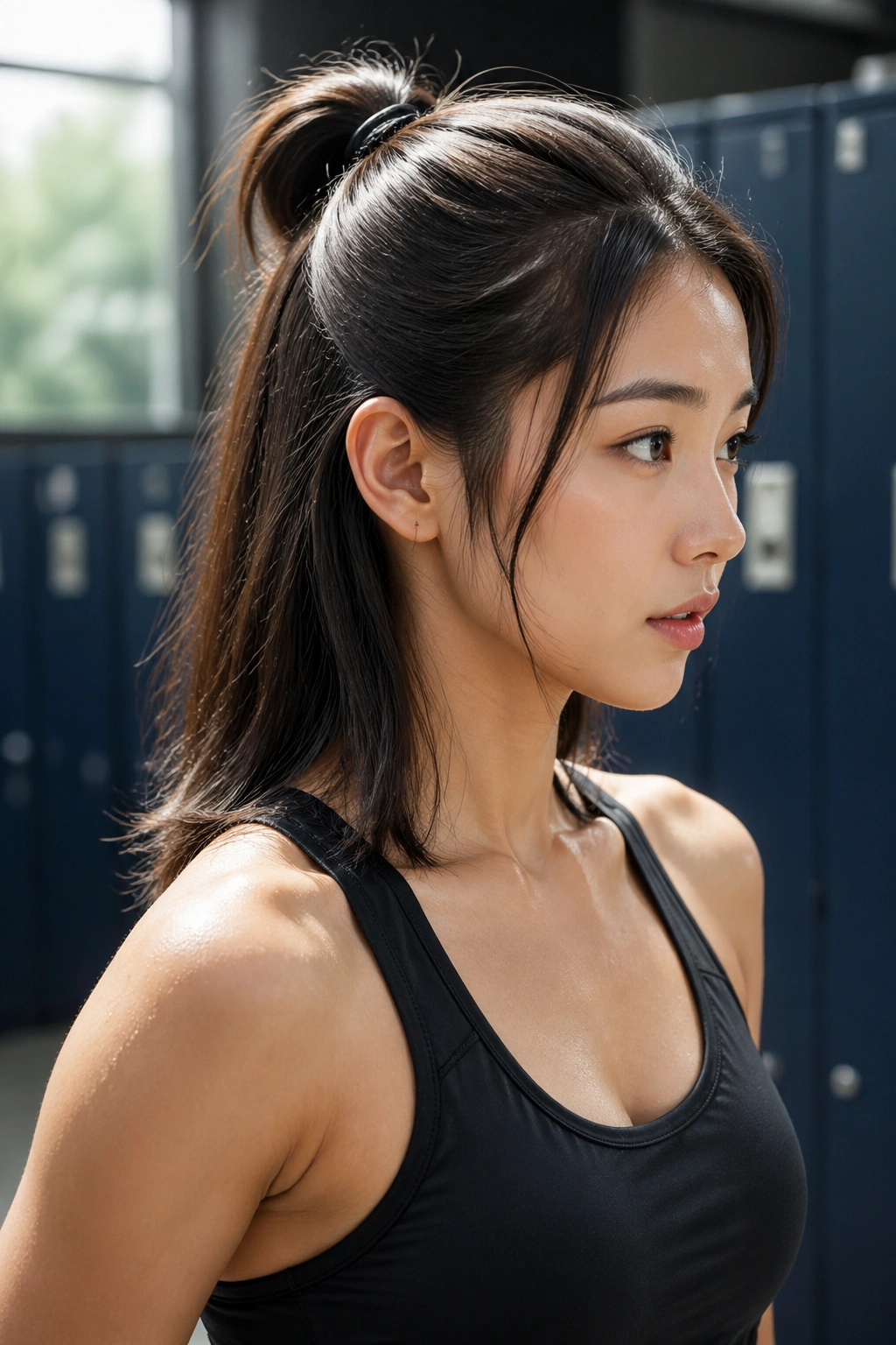 Close-up of a real woman wearing a sporty elastic-wrap half ponytail in natural lighting