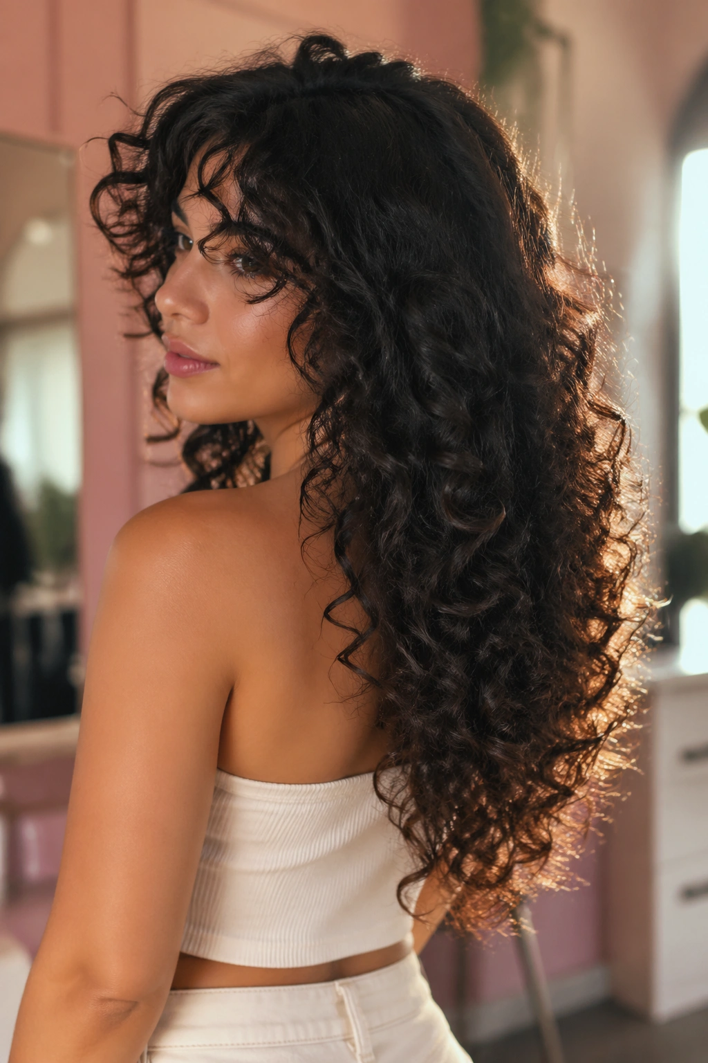 Three-quarter rear view of a real woman with stacked back curls