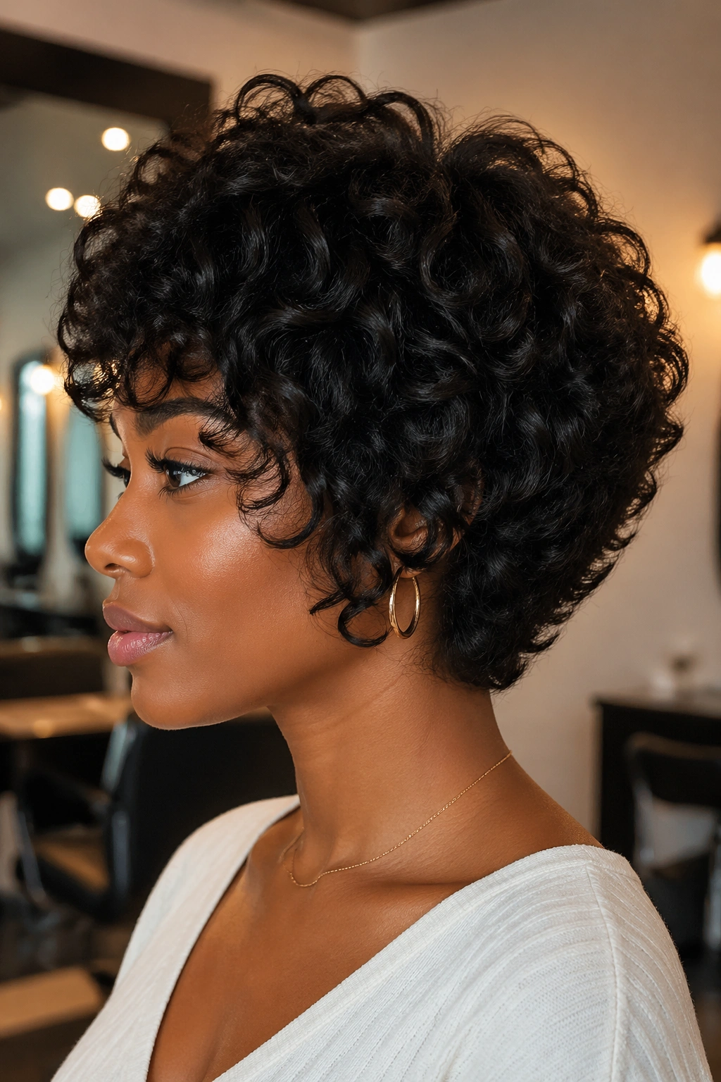 Close-up of a real woman with stacked curly bob showing crown volume