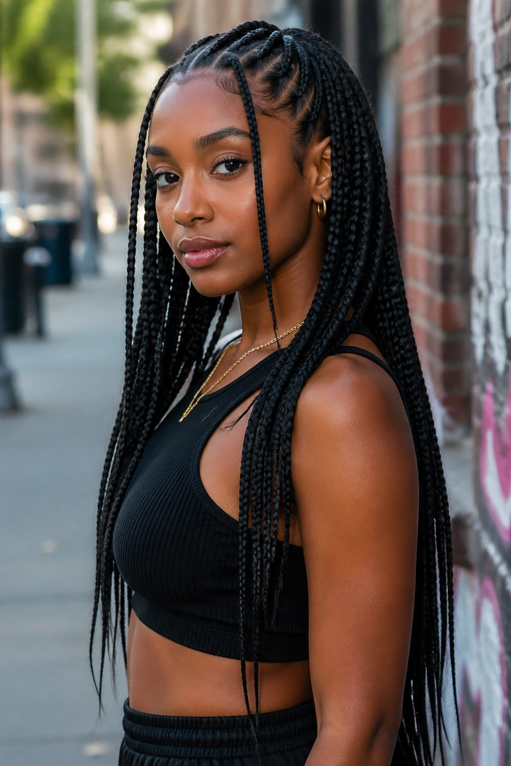 Portrait of a real woman with staggered box braid lengths around the face, dynamic length variation