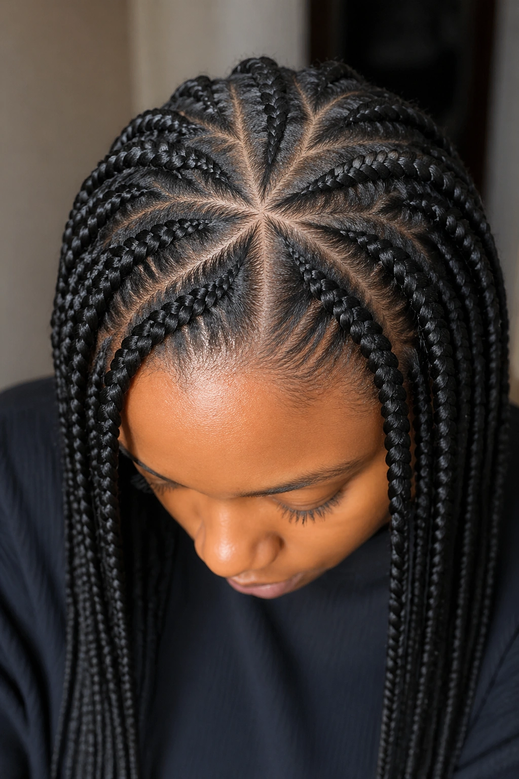 Star-pattern knotless cornrows radiating from crown into medium box braids on real person
