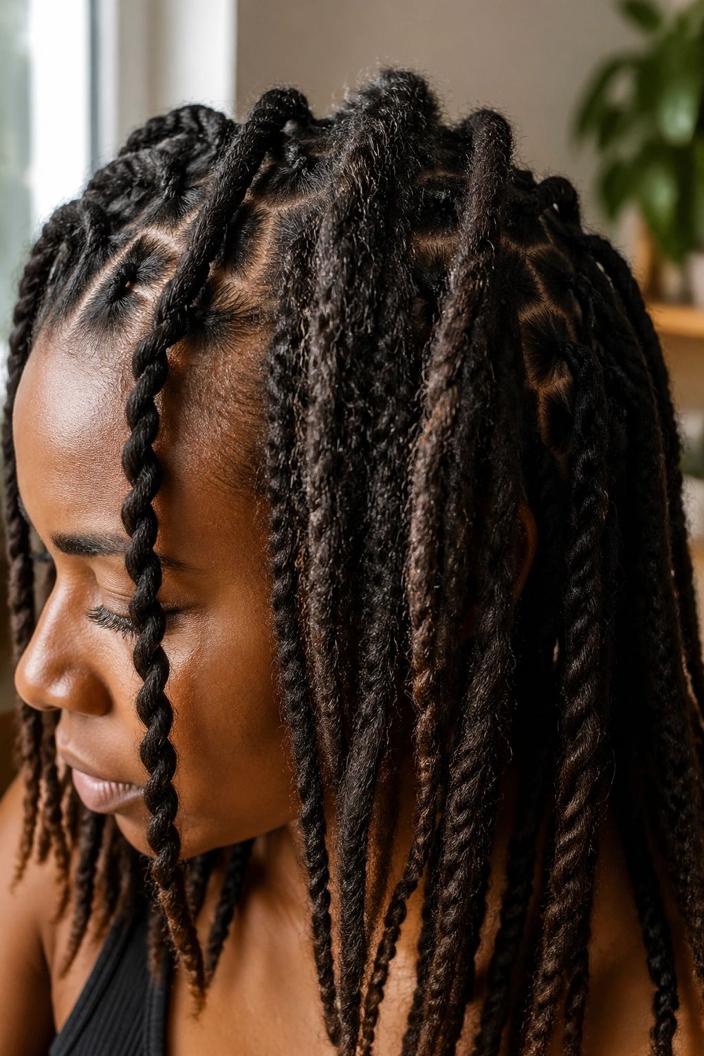 Close-up of a real woman's locs showing four starter textures: two-strand twist, comb-coil, freeform, interlocked