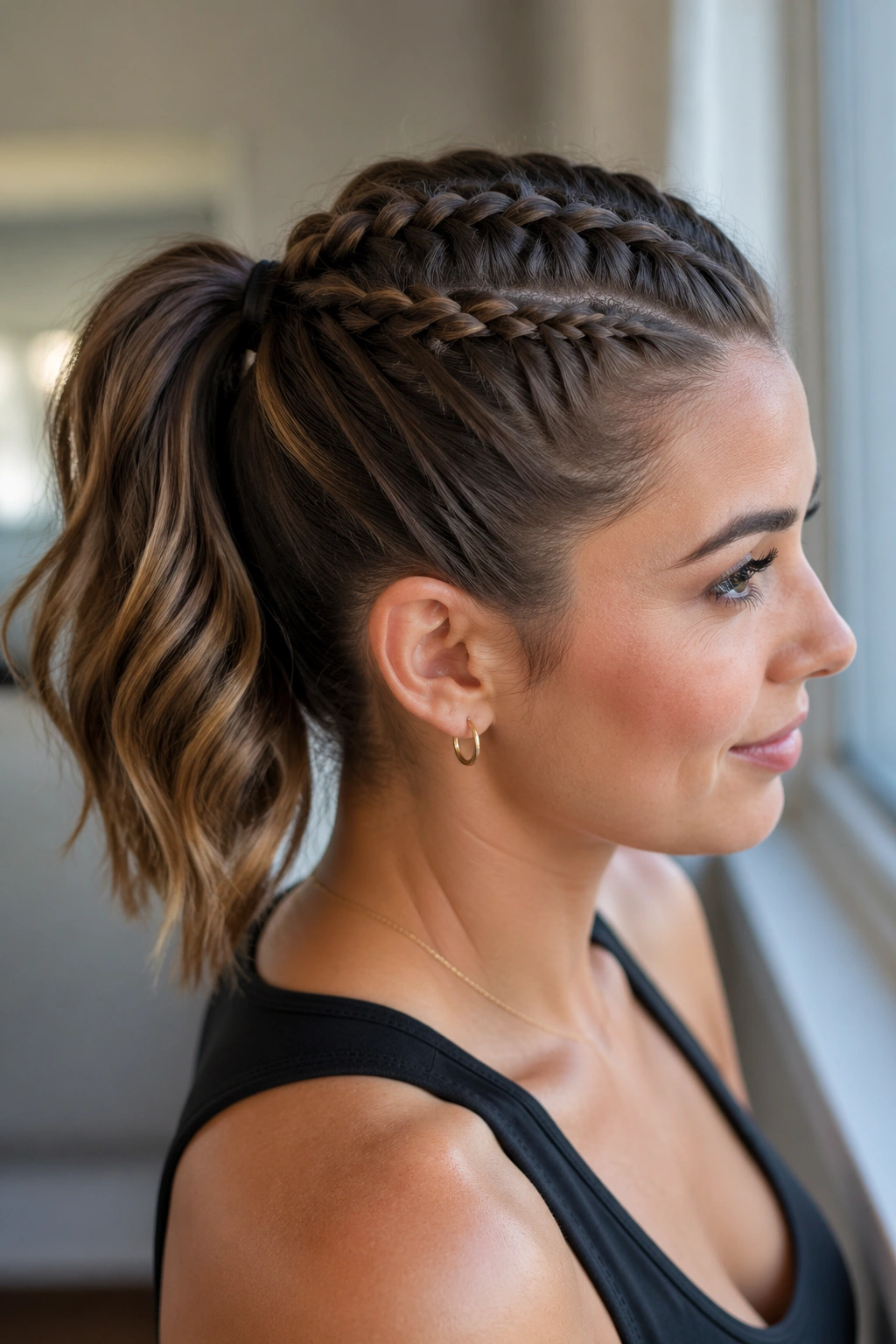 Close-up portrait of a real woman with a clean stitch braid ponytail on medium-length hair, natural window light.