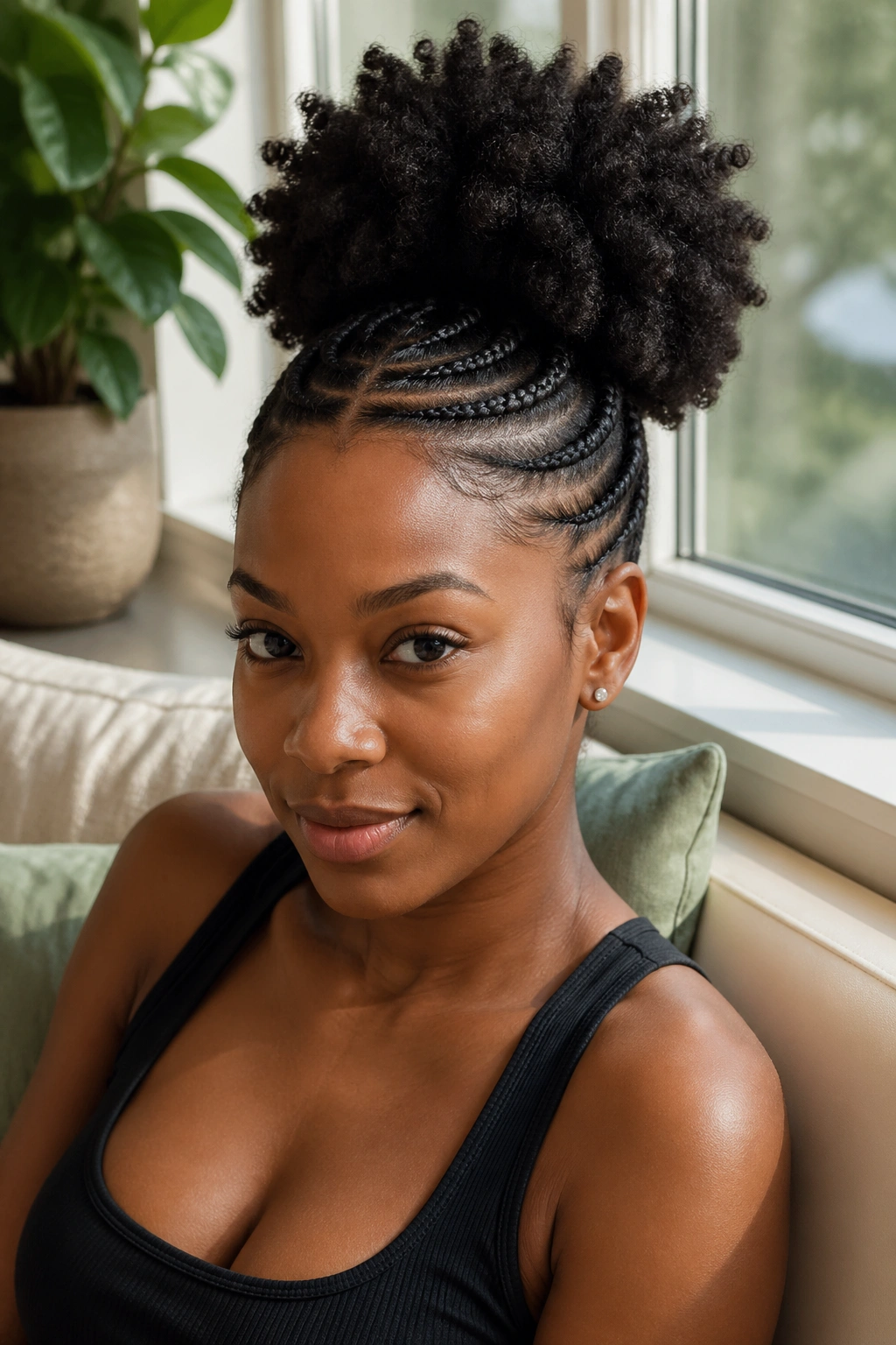 Close-up of a real woman with stitch braids forming a high Afro puff, natural light