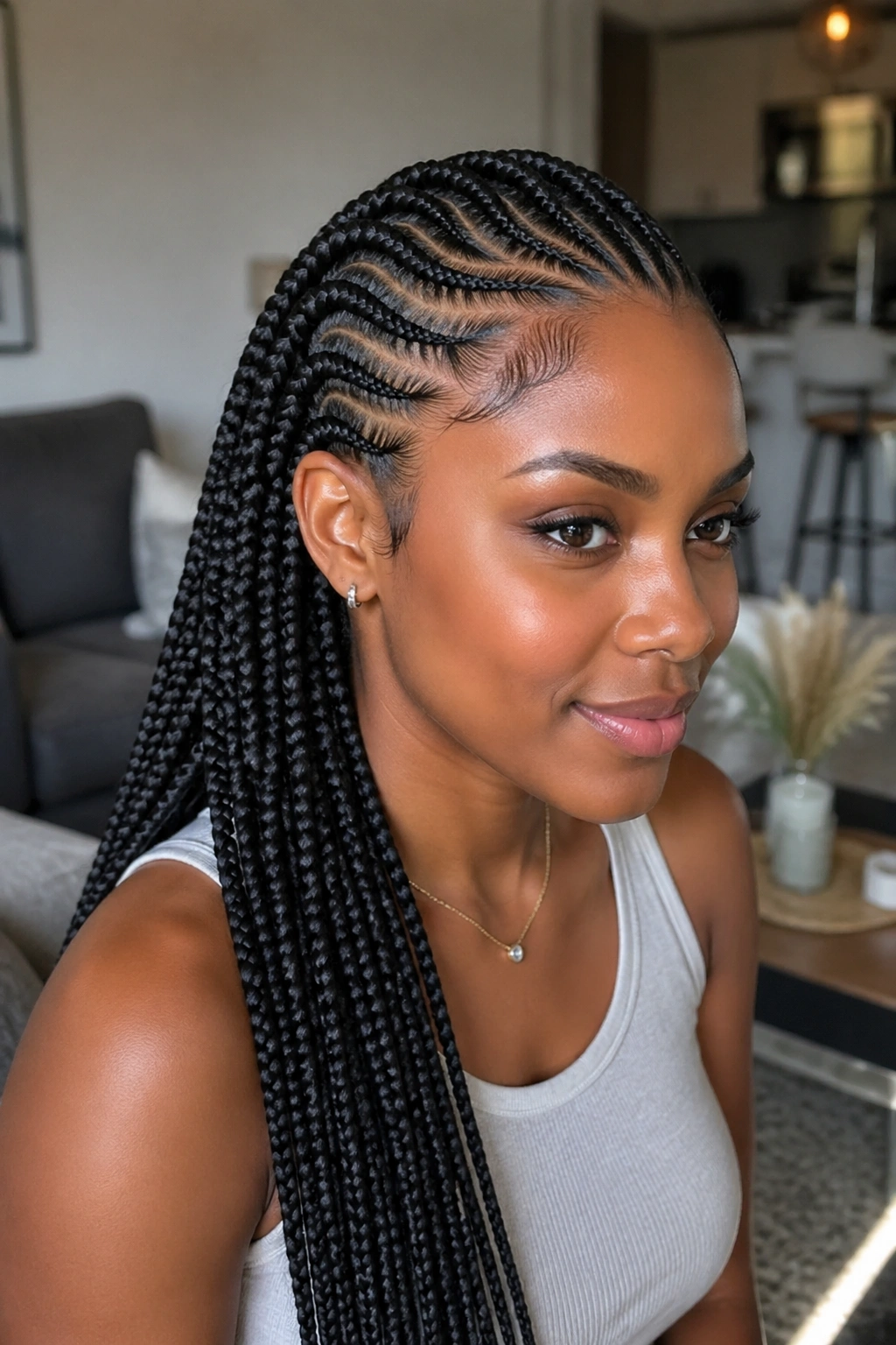 Stitch cornrows along front hairline merging into box braids on a real person