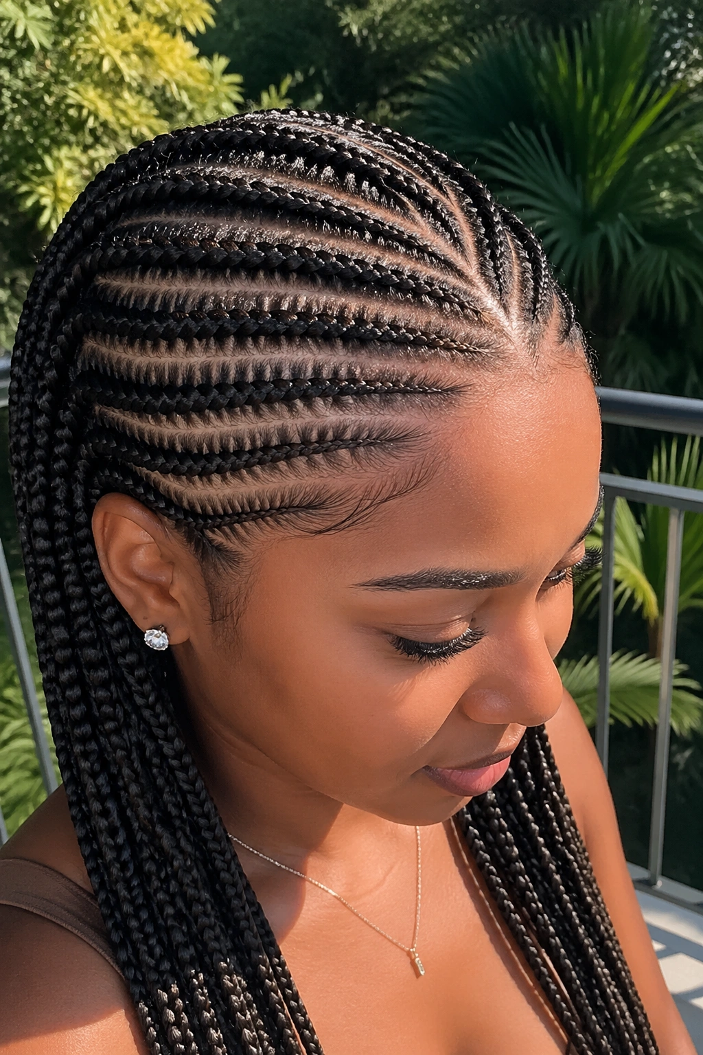 Close-up of stitch braids with visible horizontal lines on a real woman's head.