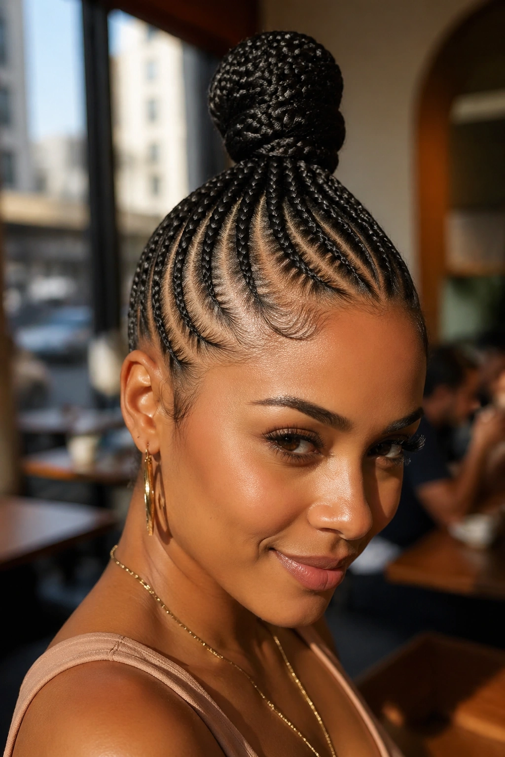 Portrait of woman with stitch braids at the front and a high top knot.