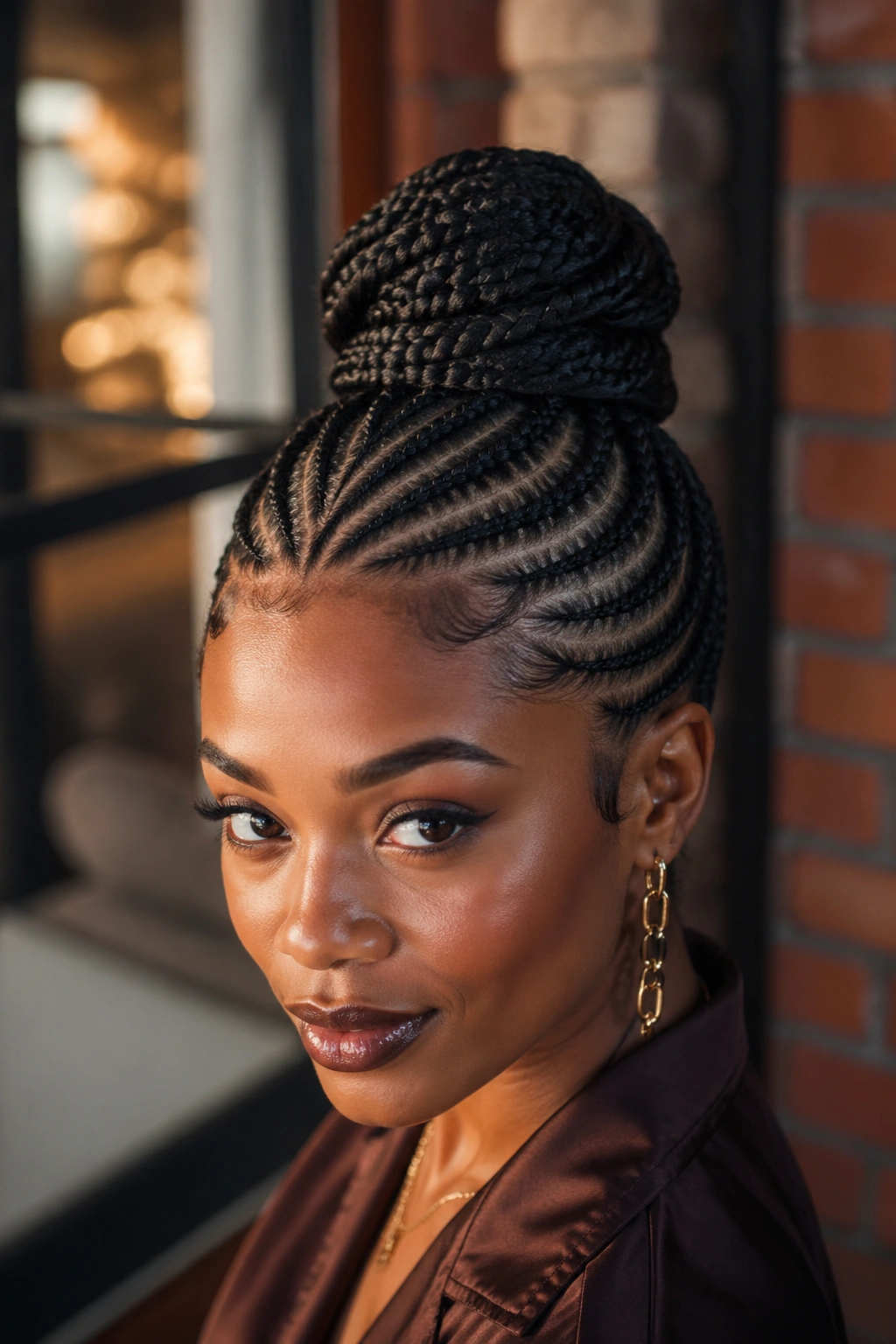 Portrait of a real woman with stitch cornrows forming ridges into a high bun.