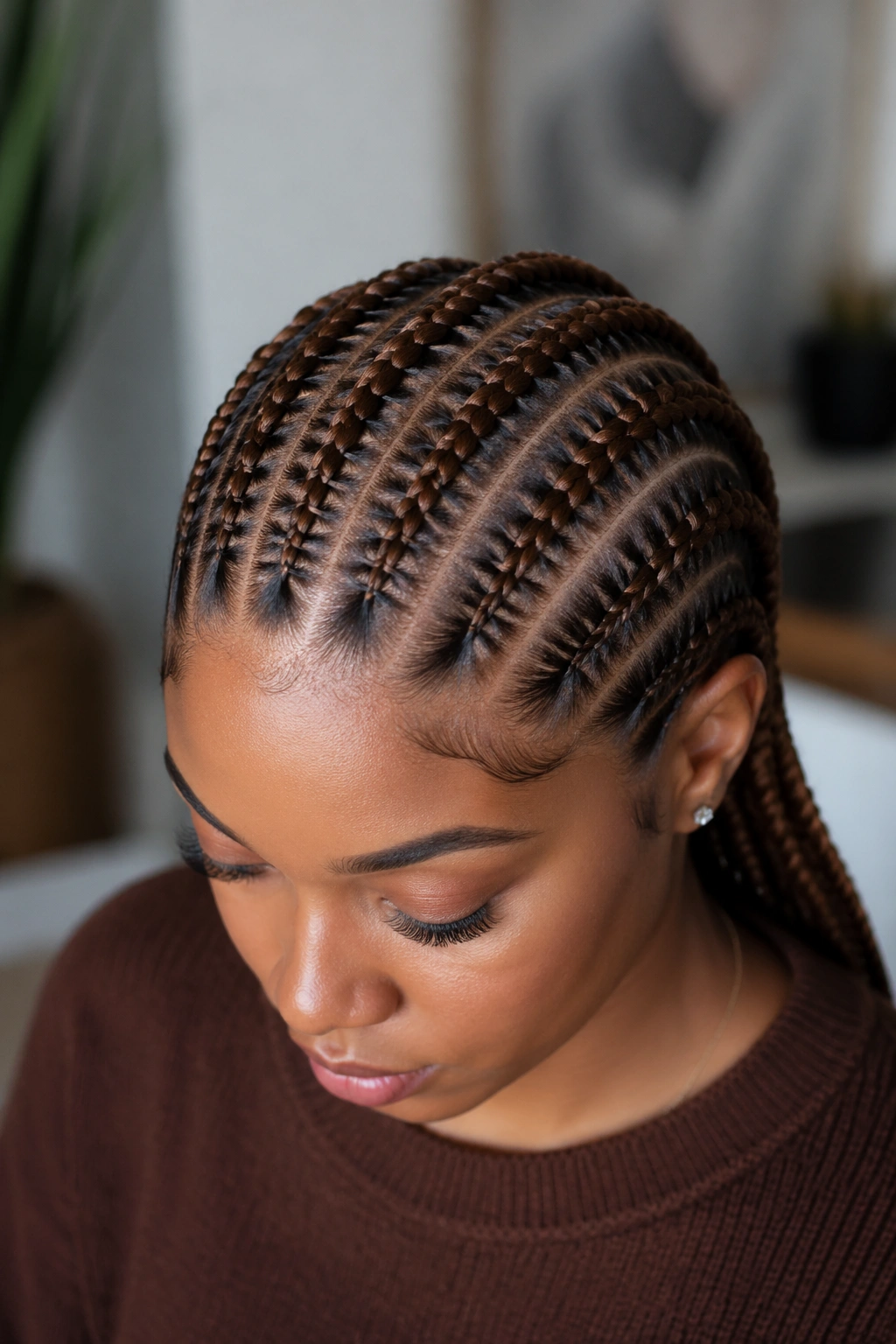 Close-up of stitch cornrow showing horizontal stitch lines on real person