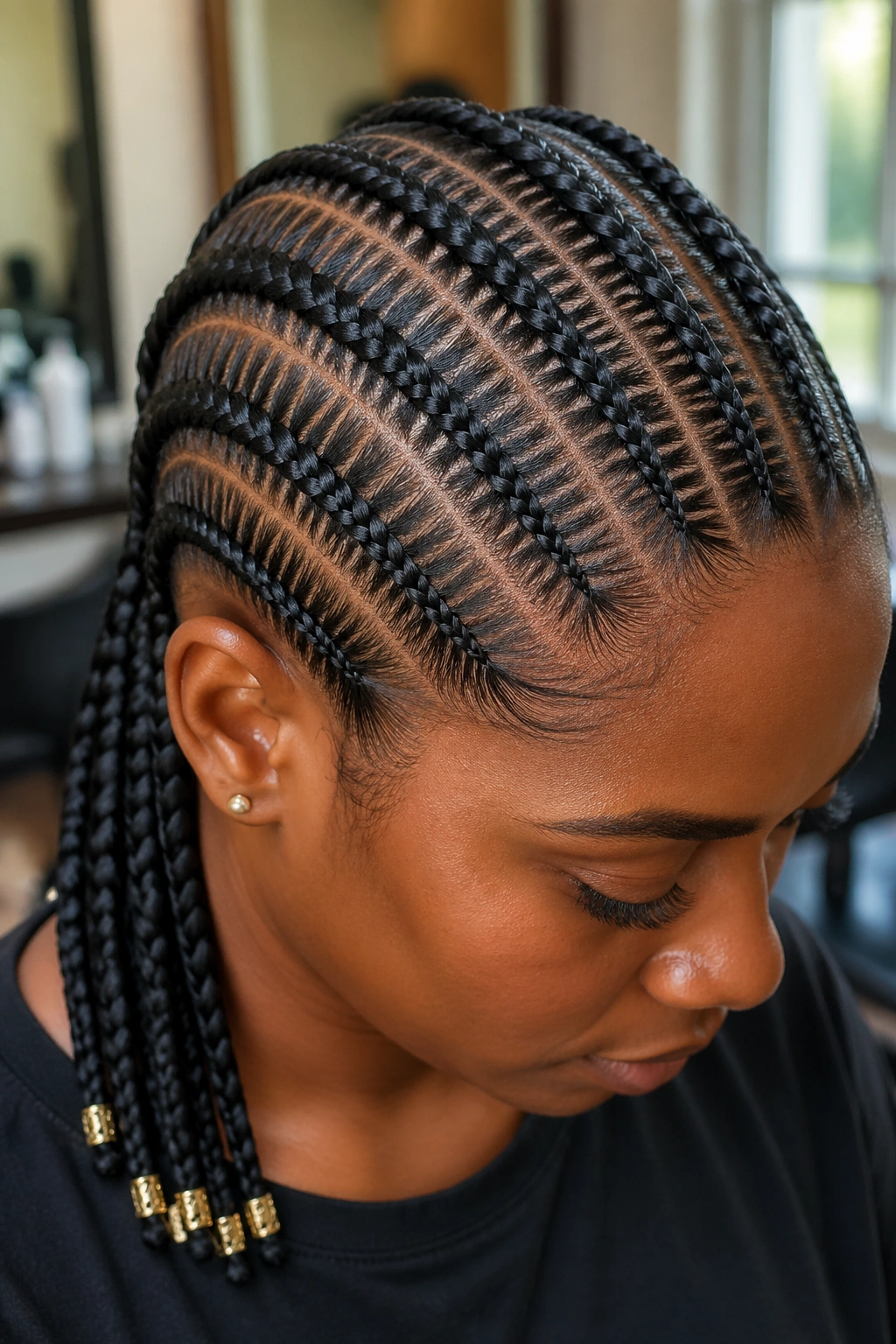 Close-up of stitch cornrows on a real person, horizontal stitches visible in 4C hair with gold cuffs