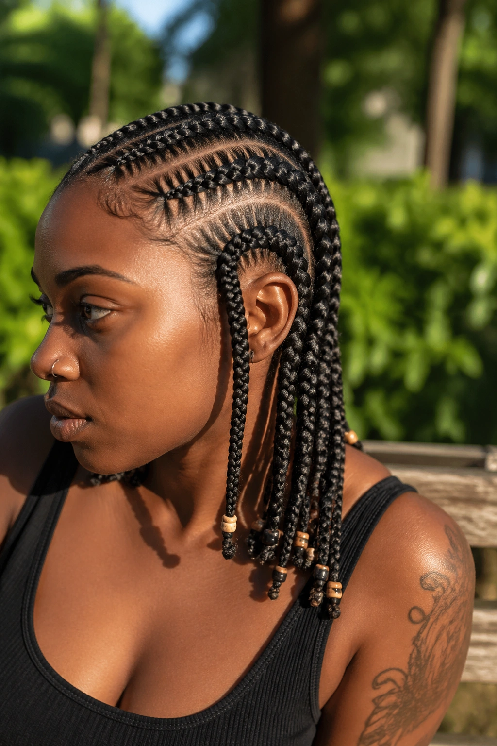 Real woman with stitch cornrows ending in beads on a park bench setting