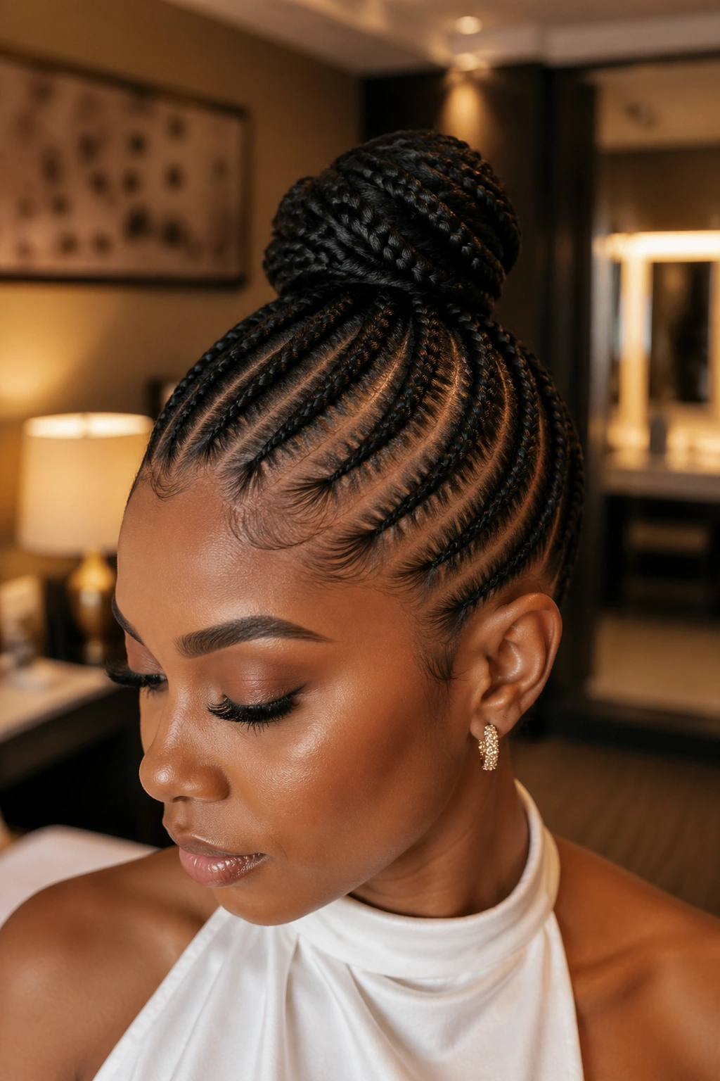 Portrait of a woman with stitch cornrows forming a bun at the crown