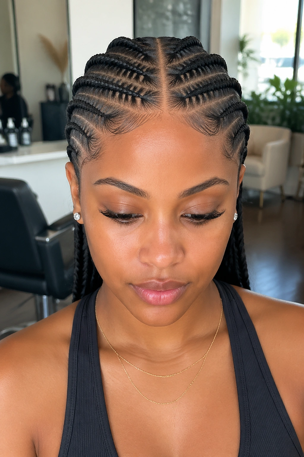 Real woman with center-part stitch cornrows flowing to the nape.