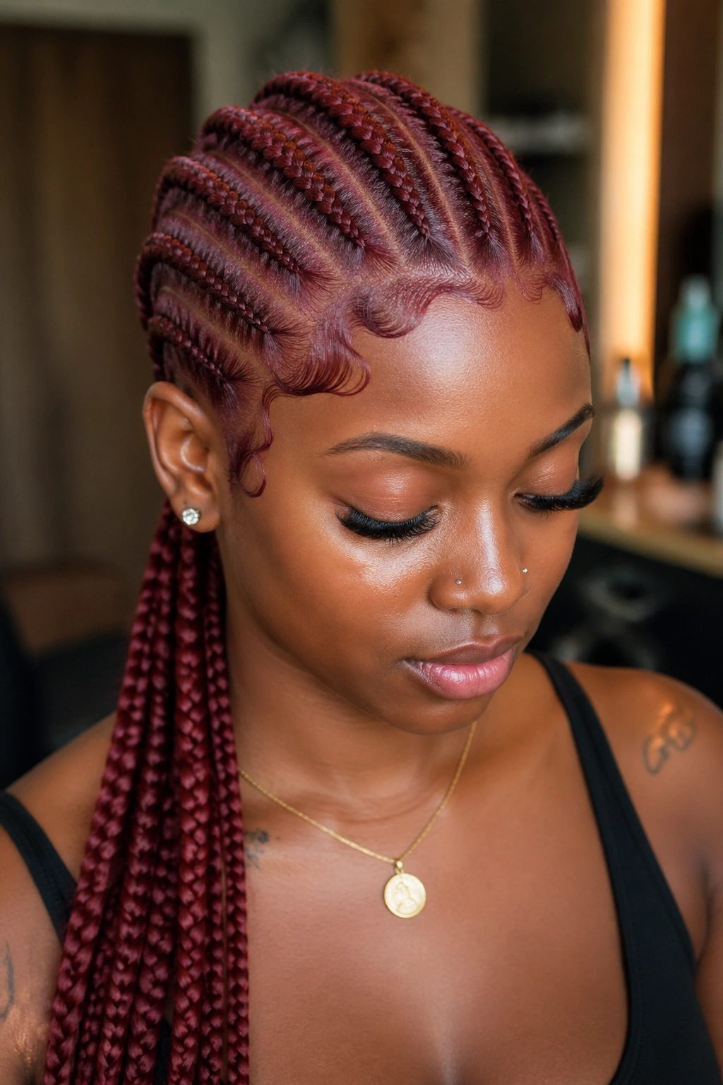 Close-up of cherry stitch cornrows with tinted red edges on a real woman