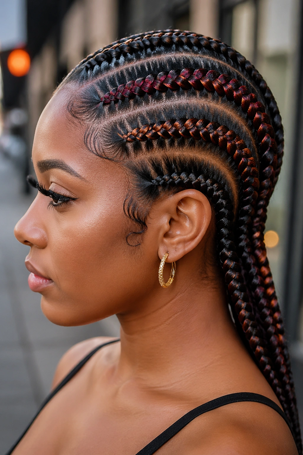 Woman with color-highlighted stitch cornrows outdoors