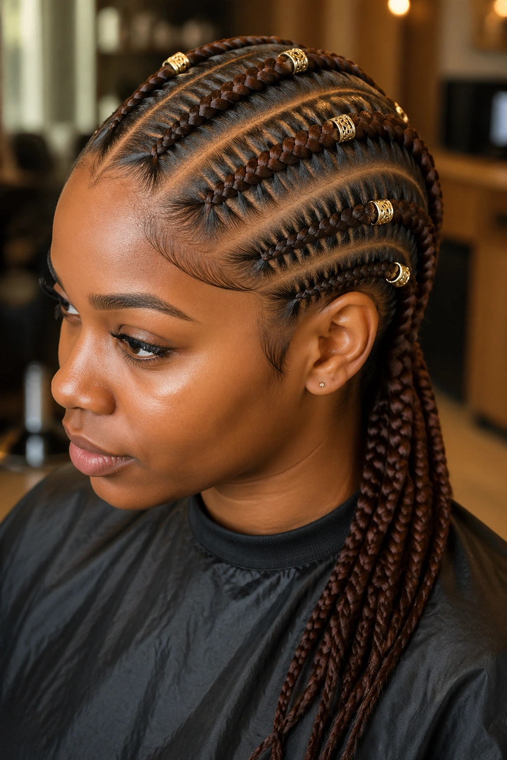 Close-up of stitch cornrows with gold copper cuffs on braids on a real person