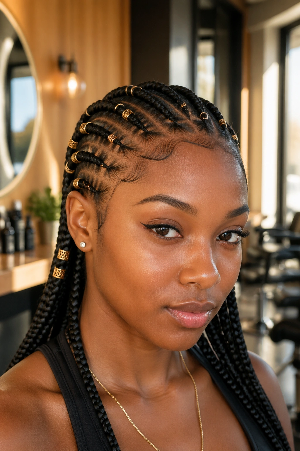 Real woman with stitch cornrows featuring gold rings and copper cuffs woven into braids.
