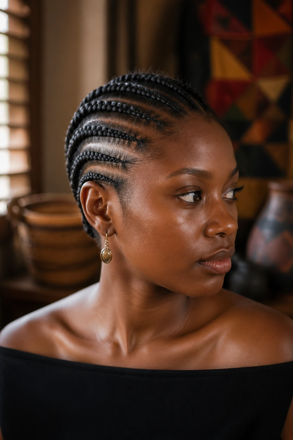 Portrait of a Black woman with stitch cornrows in a culturally rich setting