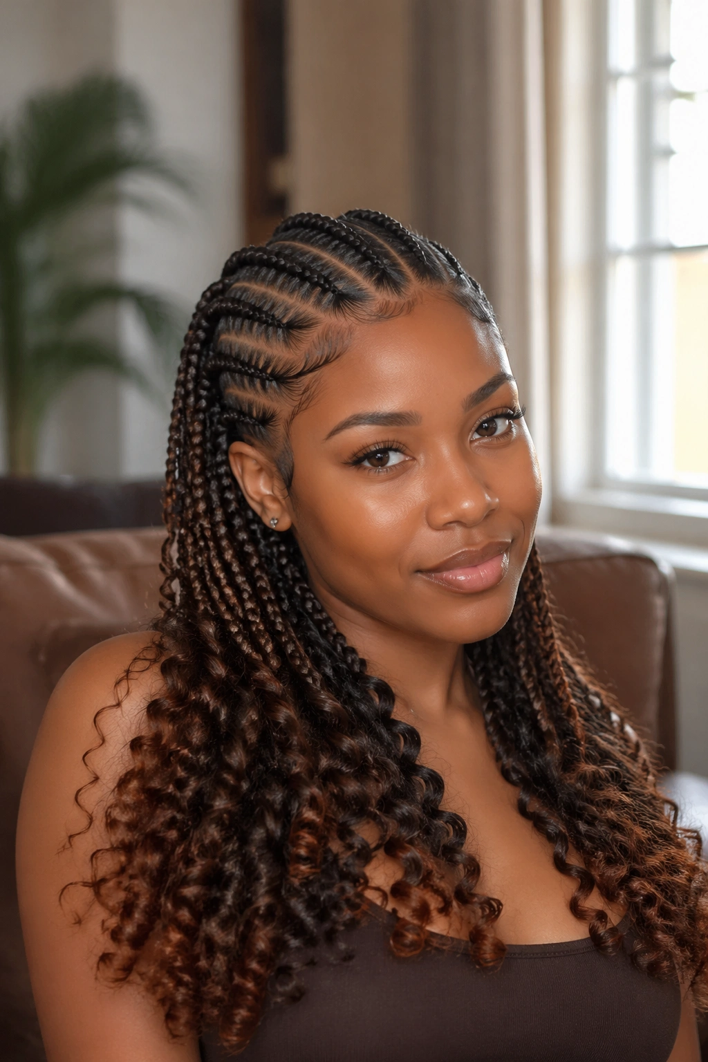 Close-up of stitch cornrows transitioning to curly brown ends on a real person