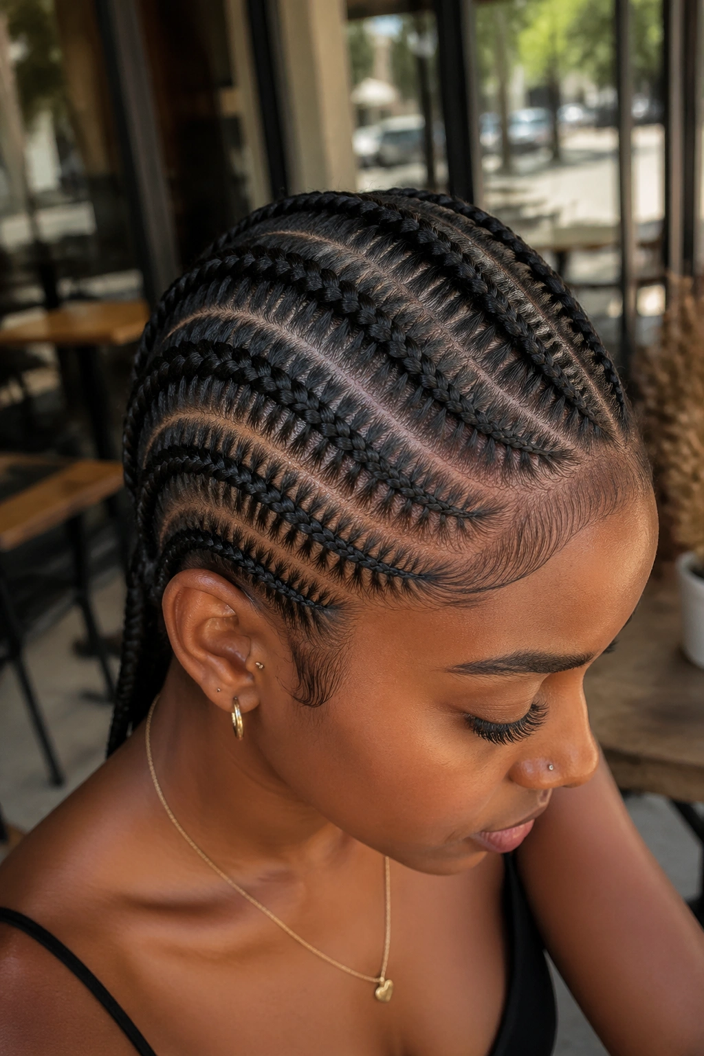 Real woman with curved stitch cornrows following head contours in an outdoor cafe